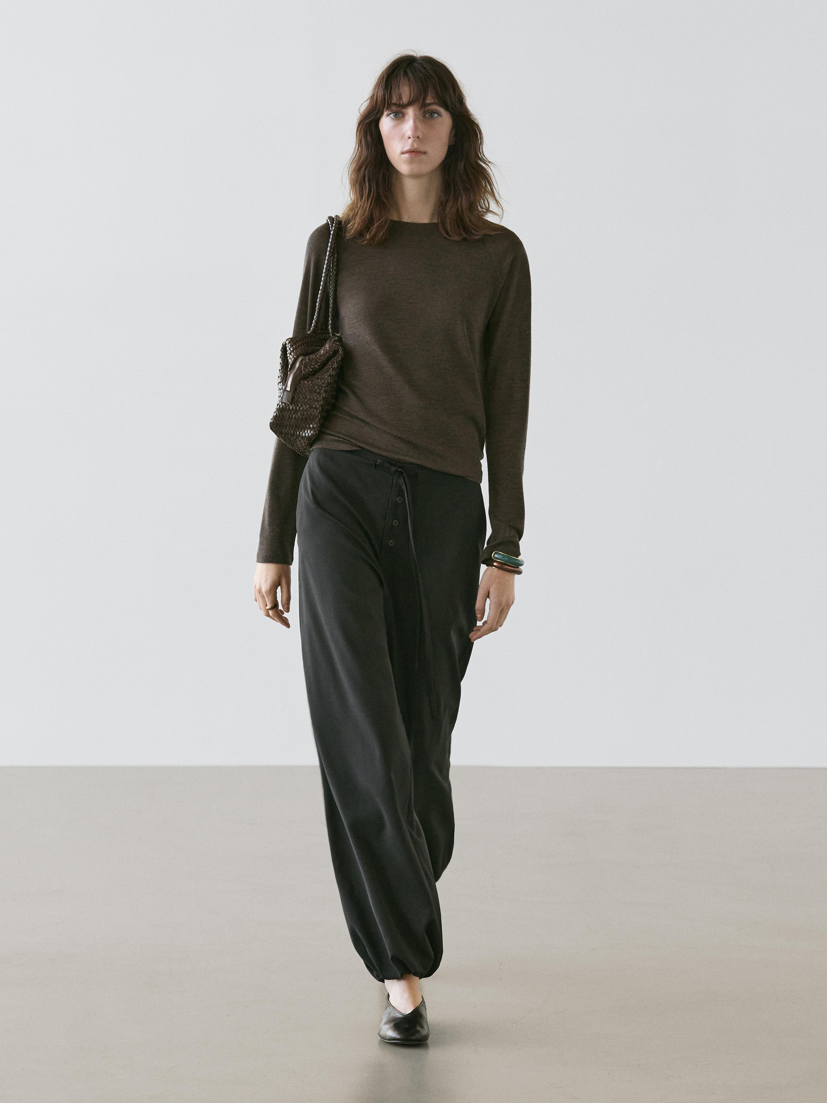 Wool sarouel trousers with tie detail — BLACK