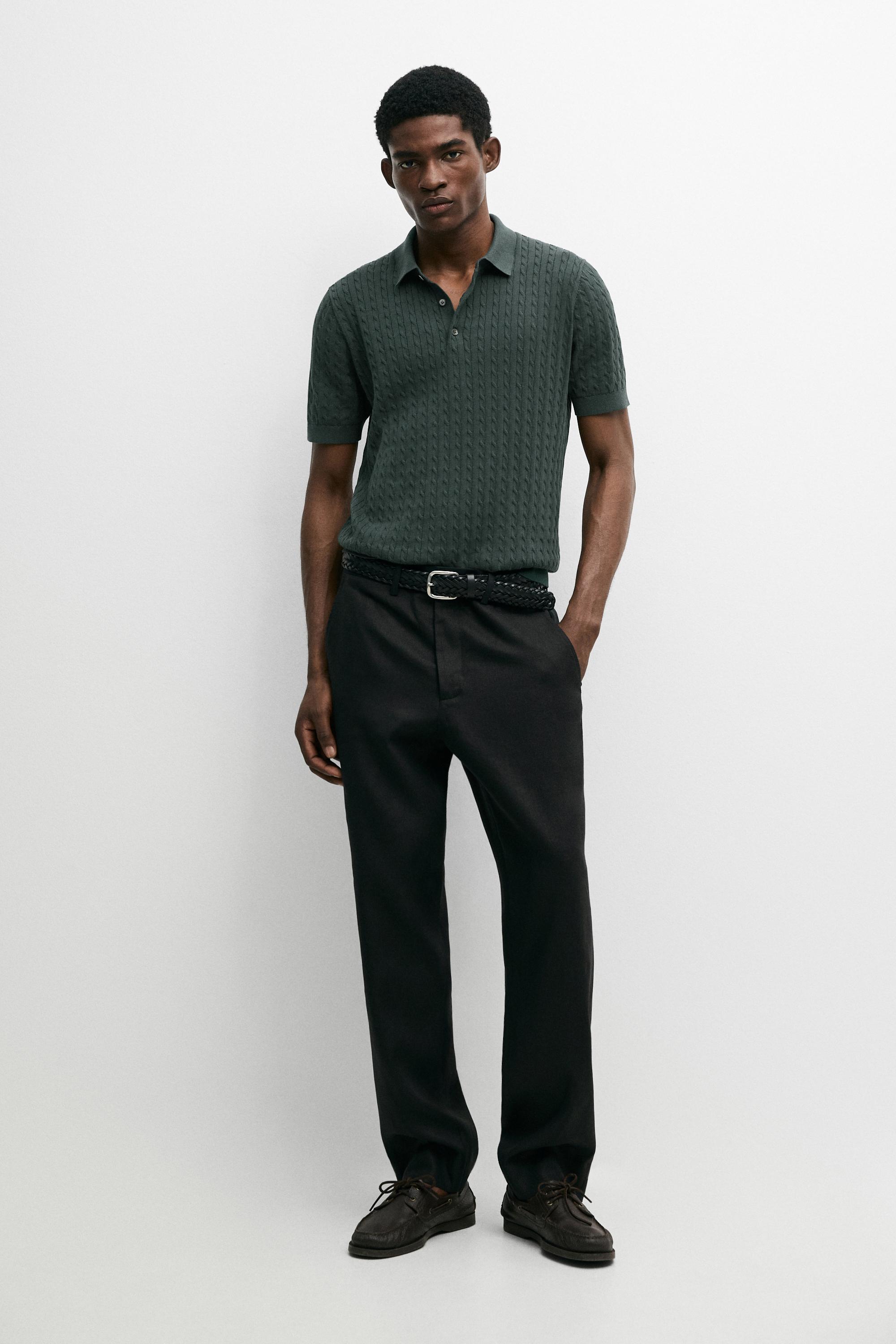 100% cotton cable-knit polo shirt — DARK BOTTLE GREEN