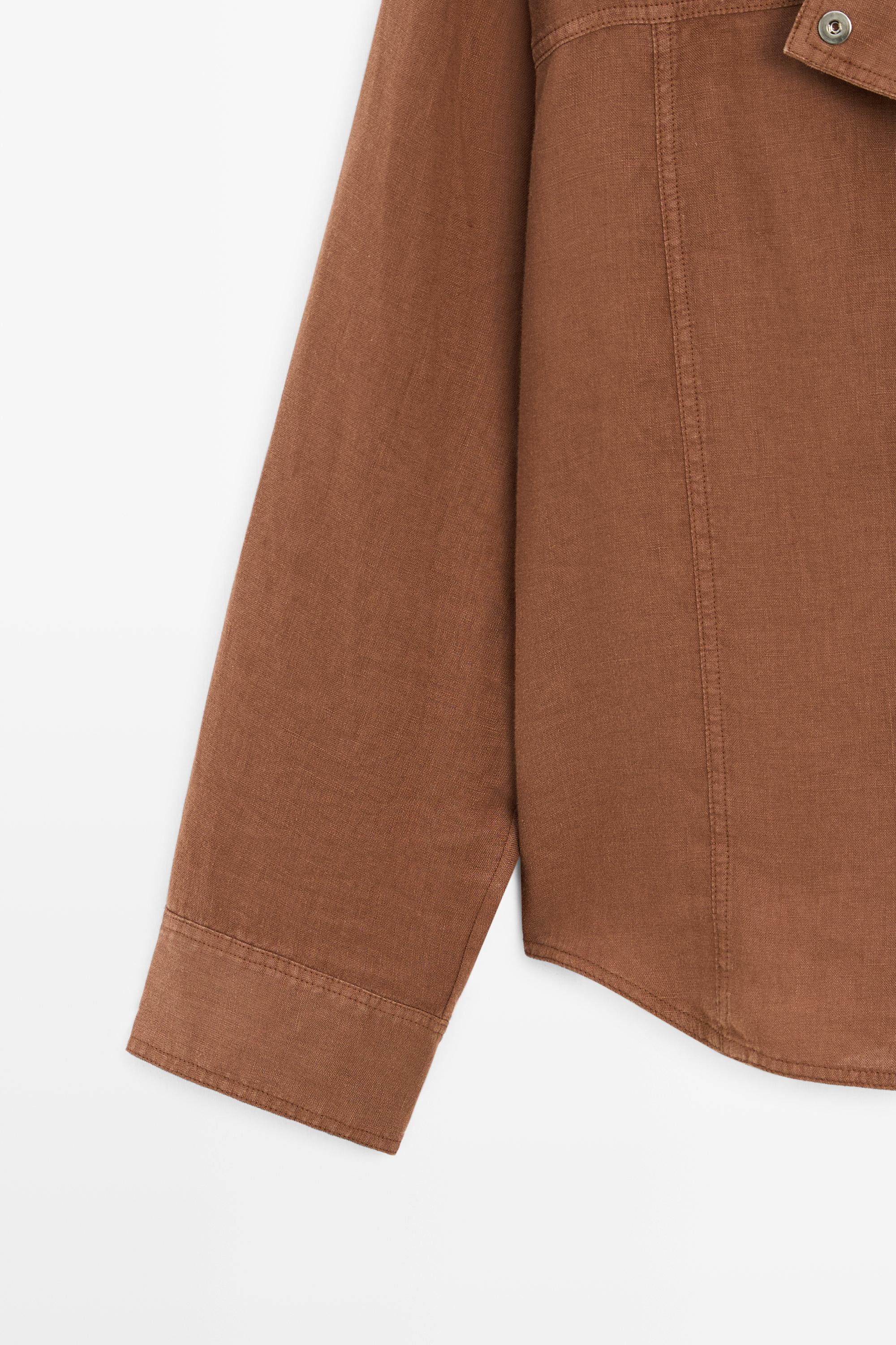 100% linen snap-button shirt — BROWN