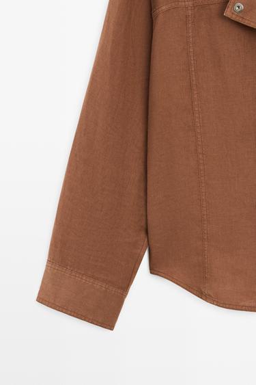 100% linen snap-button shirt — BROWN 8