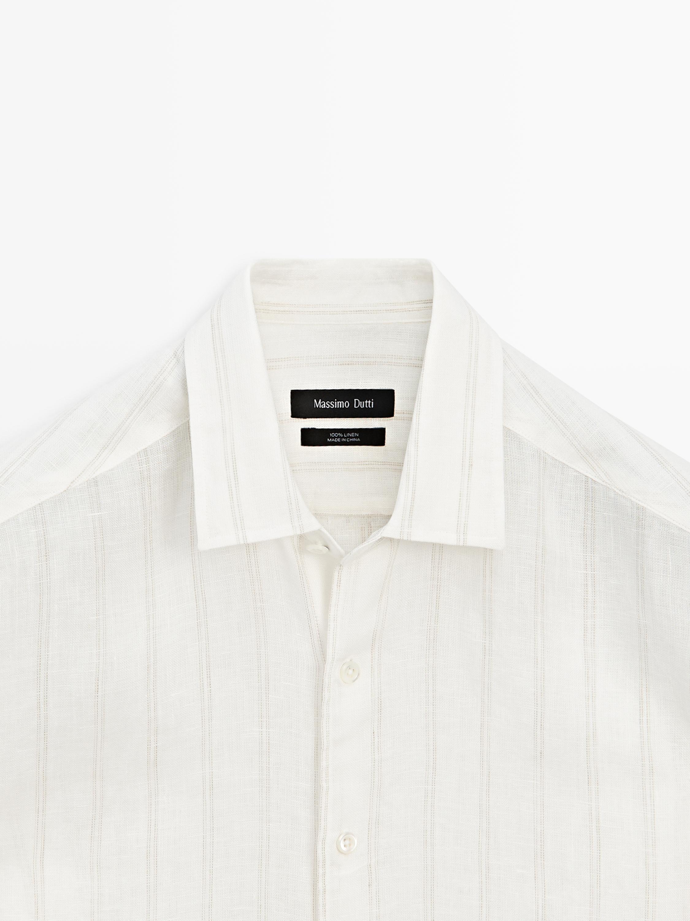 100% linen regular fit striped shirt — BEIGE