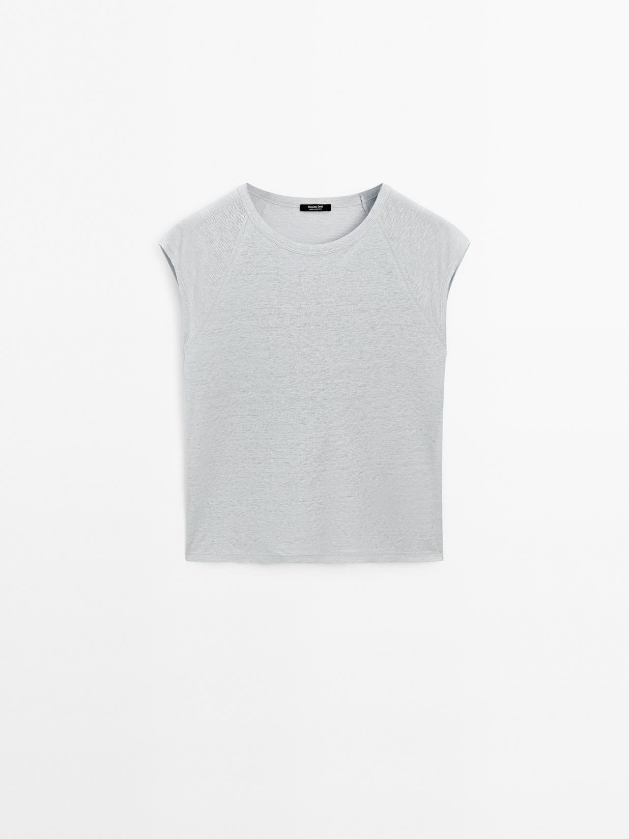 Massimo Dutti - Dame - Let T-Shirt I 100% Hør I Rib - Himmelblå - Xs