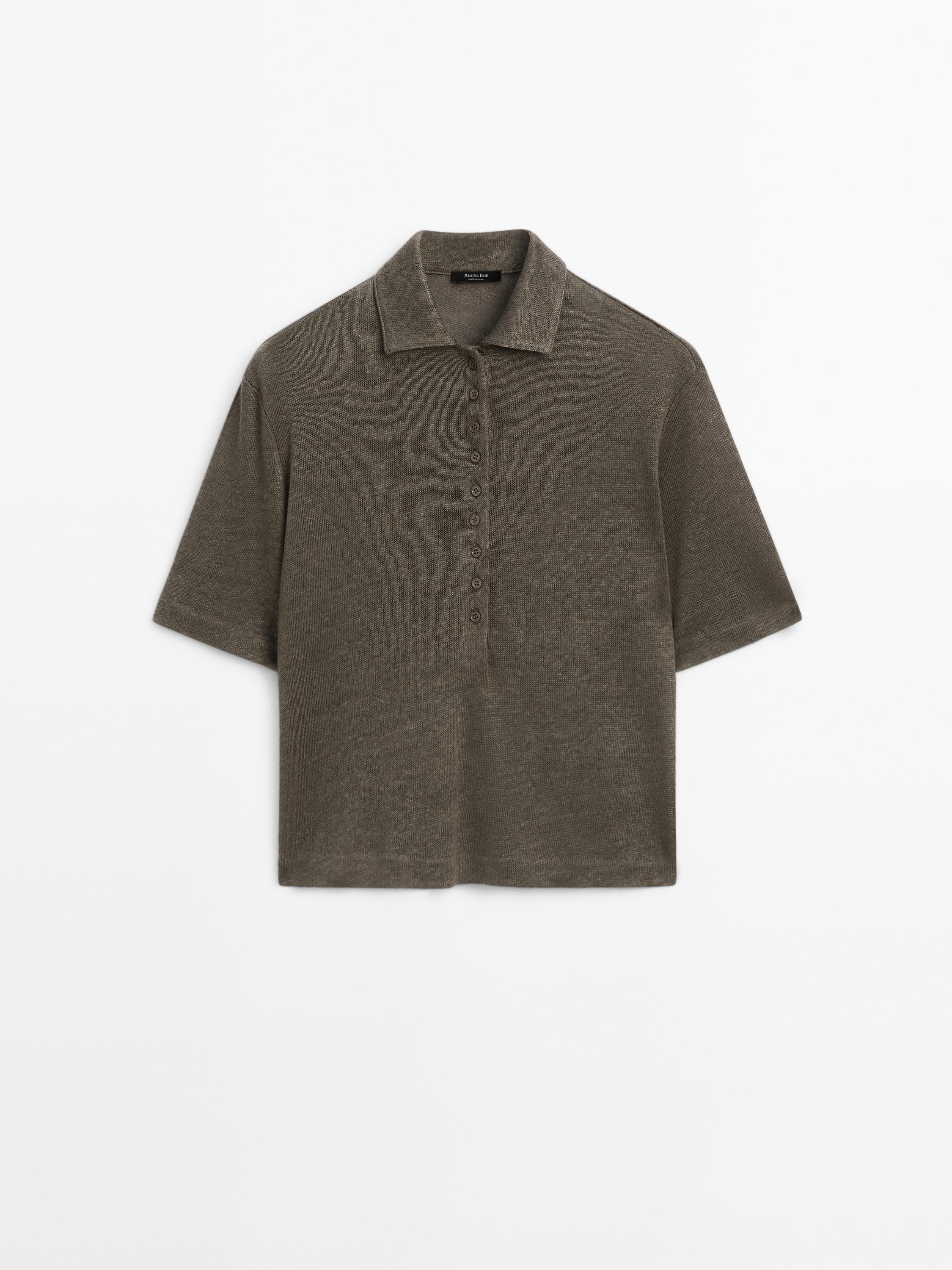Short sleeve linen knit polo shirt