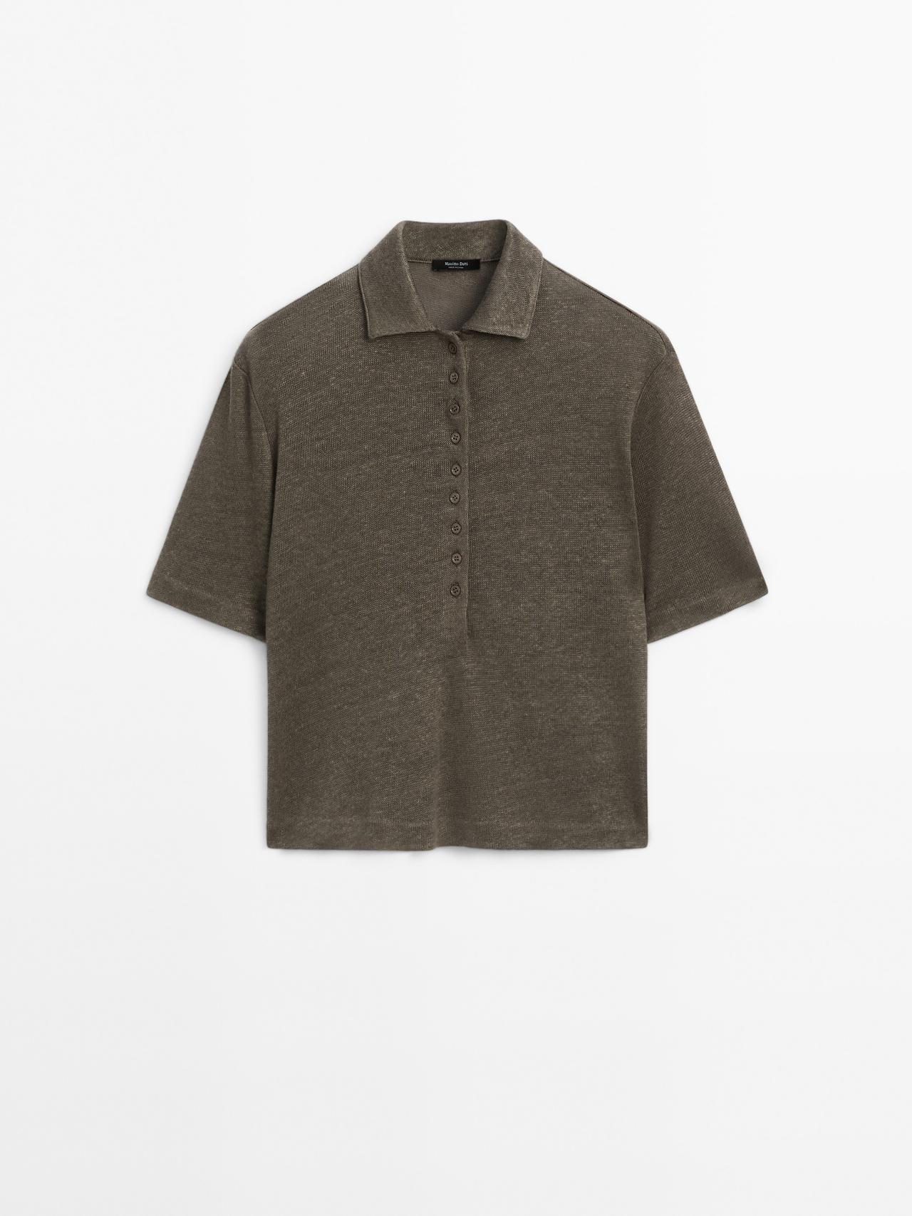 Massimo Dutti - Dame - Kortærmet Poloshirt I Hør - Kaki - S