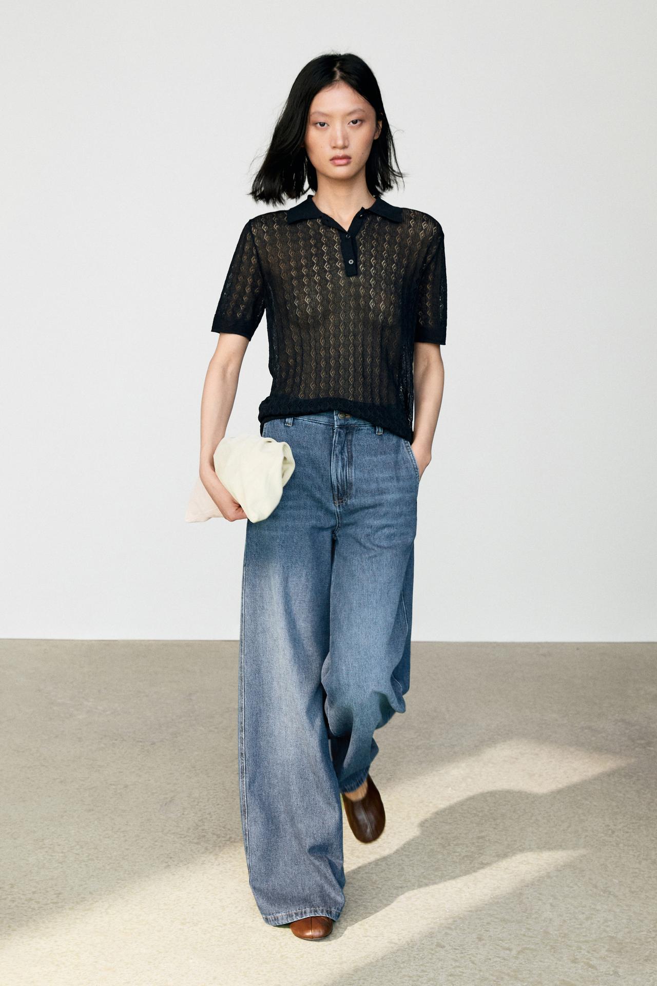 Open-knit polo sweater — NAVY BLUE