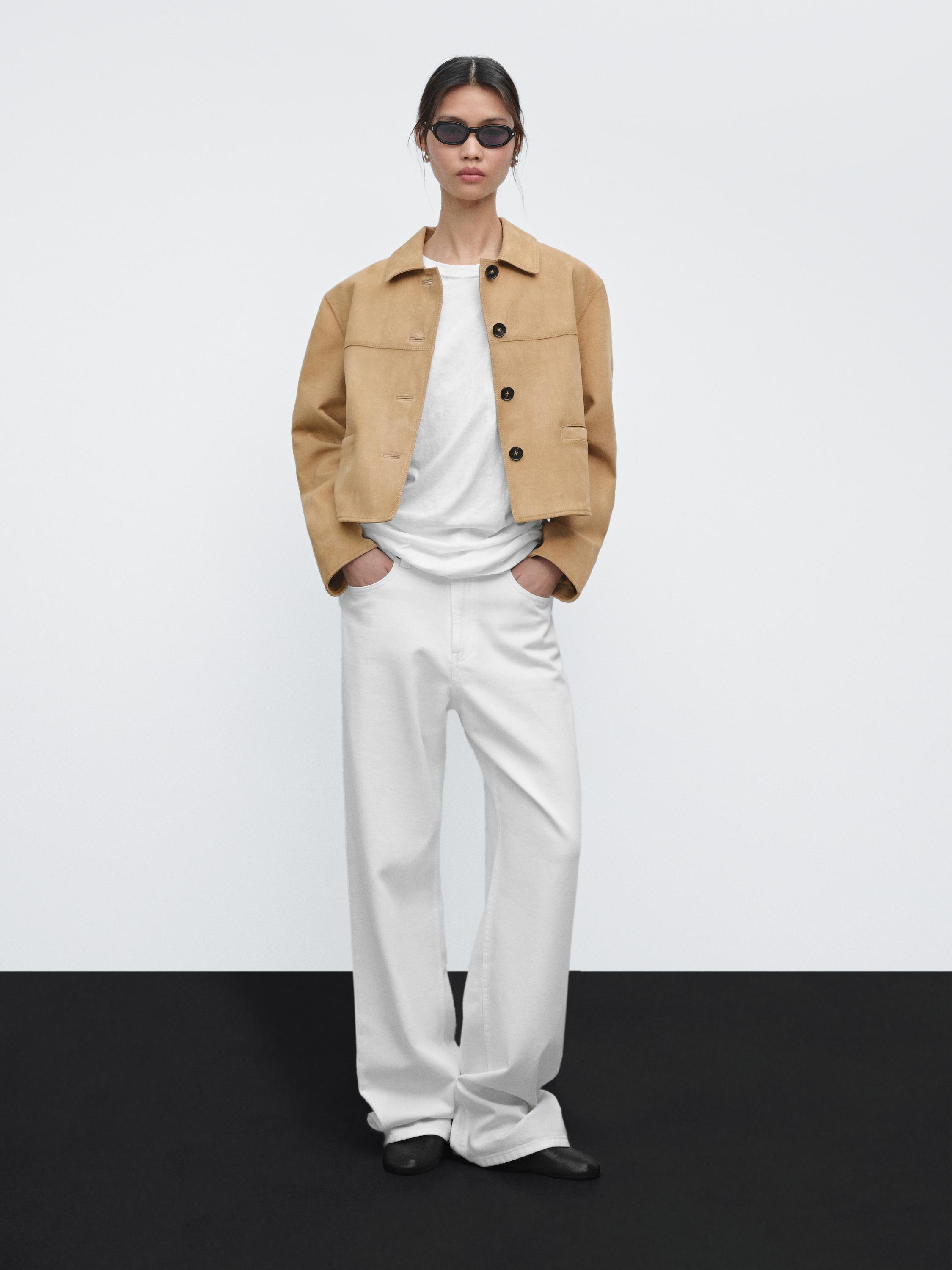Short suede leather jacket with topstitching