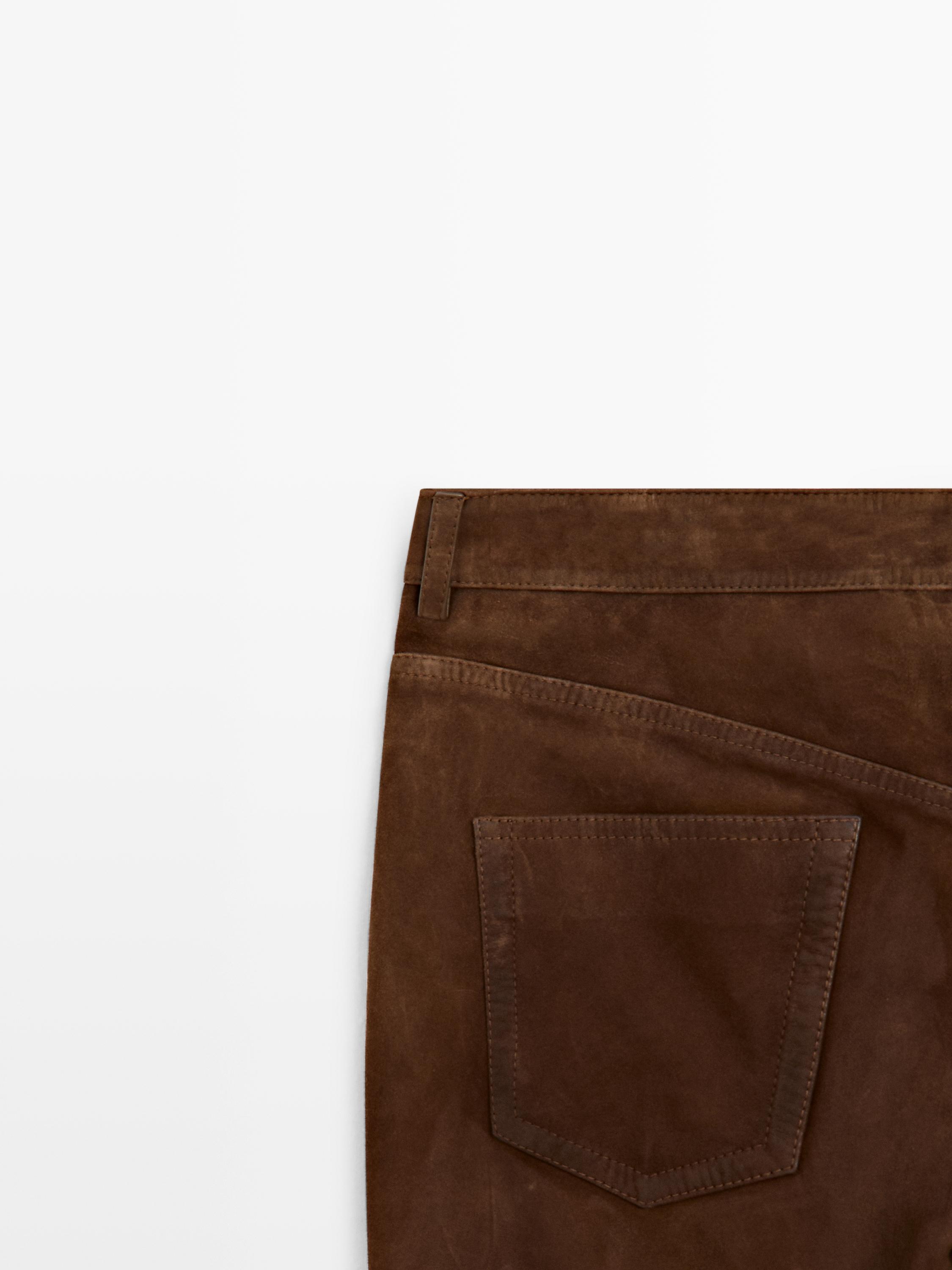 Cropped suede leather trousers with drawstrings — BROWN