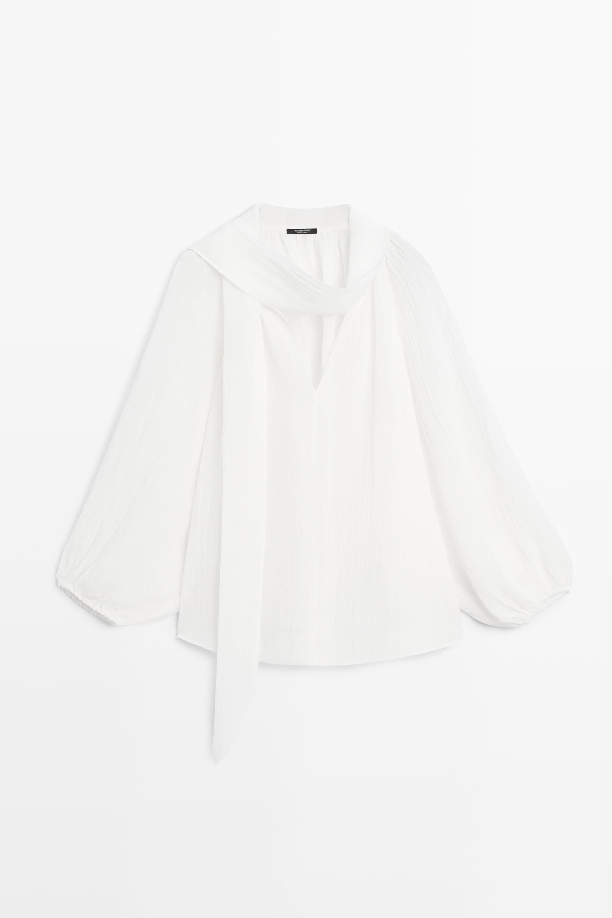 Flowing V-neck blouse with tie — WHITE