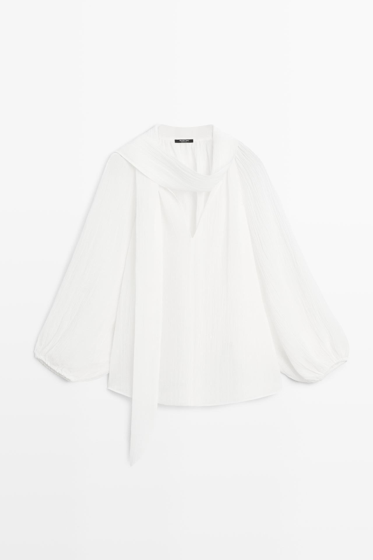 Flowing V-neck blouse with tie — WHITE