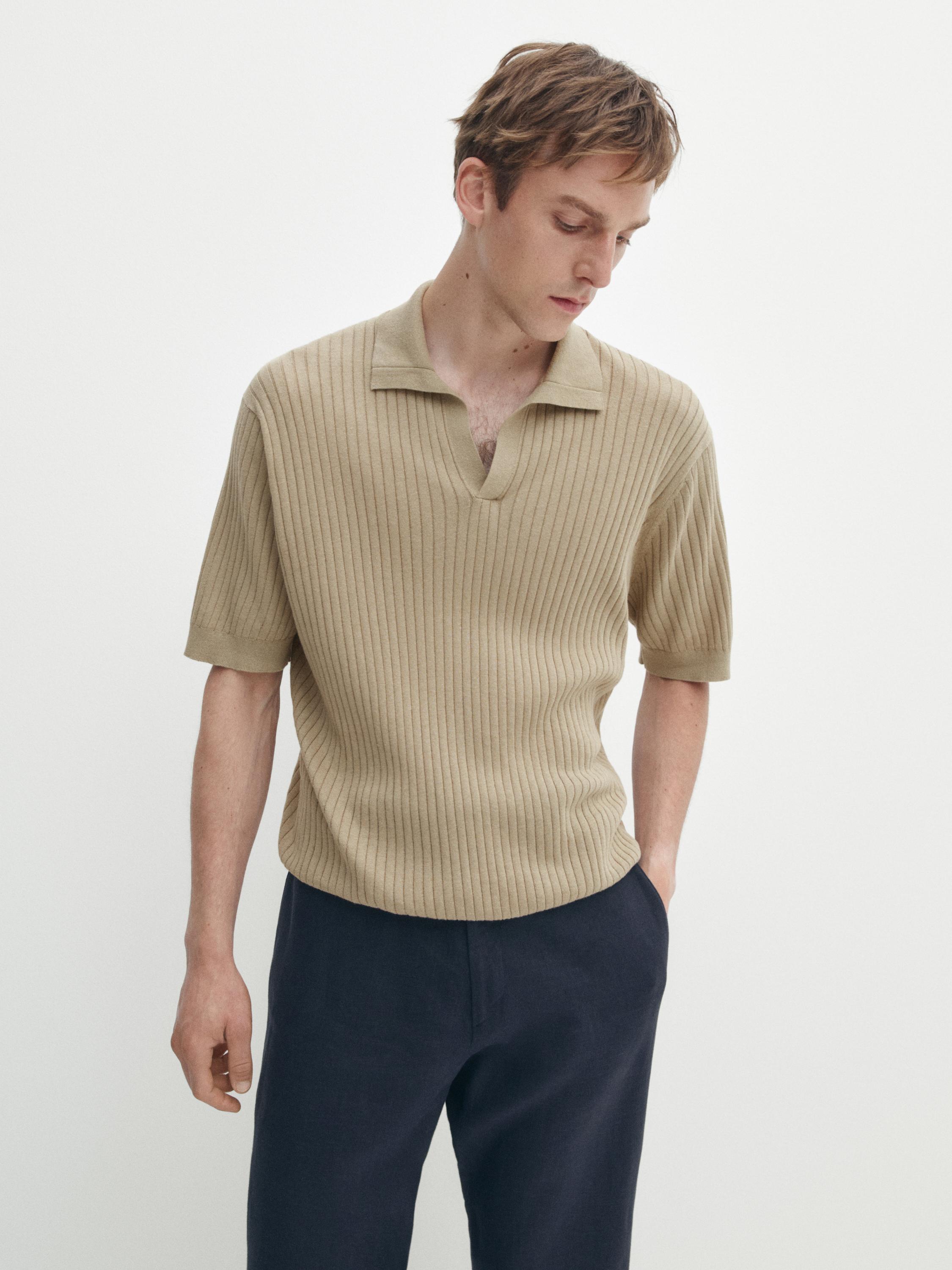 Ribbed knit cotton and linen blend polo shirt