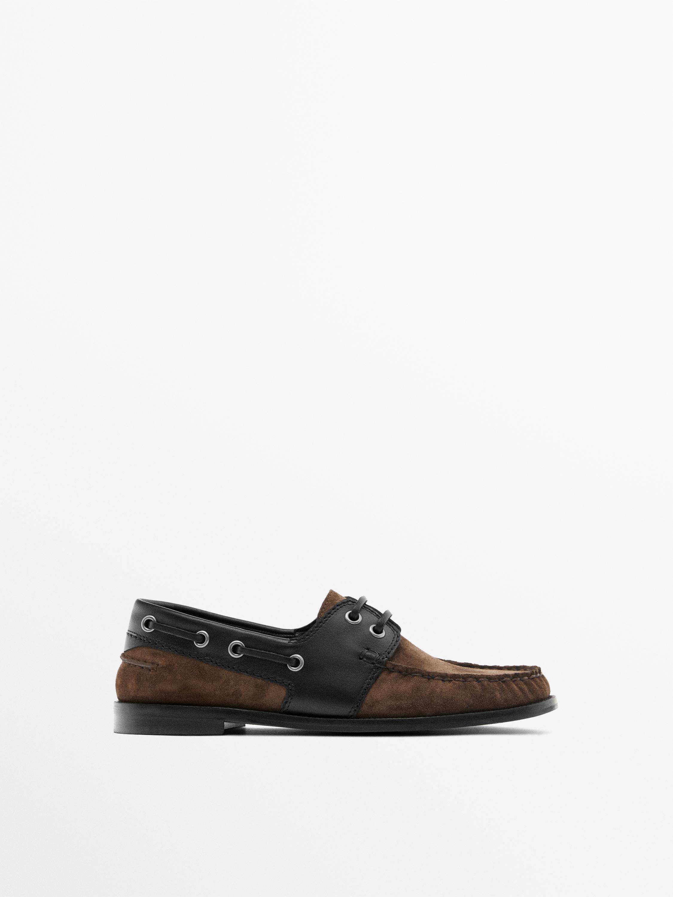 Contrast leather deck shoes — BROWN
