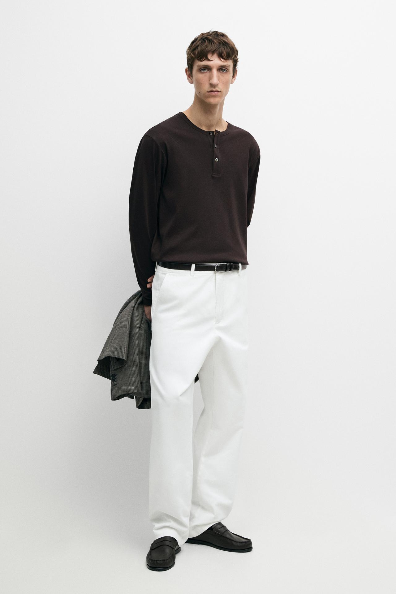 100% cotton long sleeve henley T-shirt — Chocolate