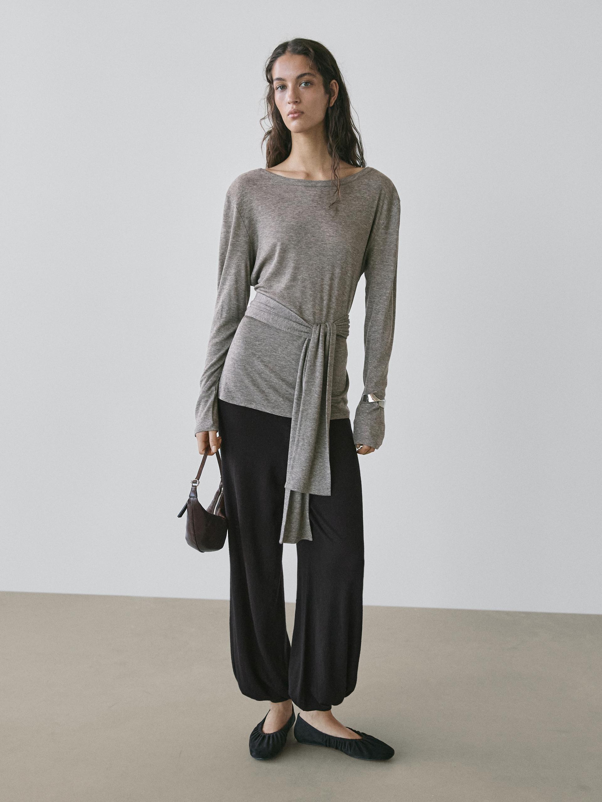 T-Shirt Avec Nœud - Gris Chiné - M - Massimo Dutti - Femme