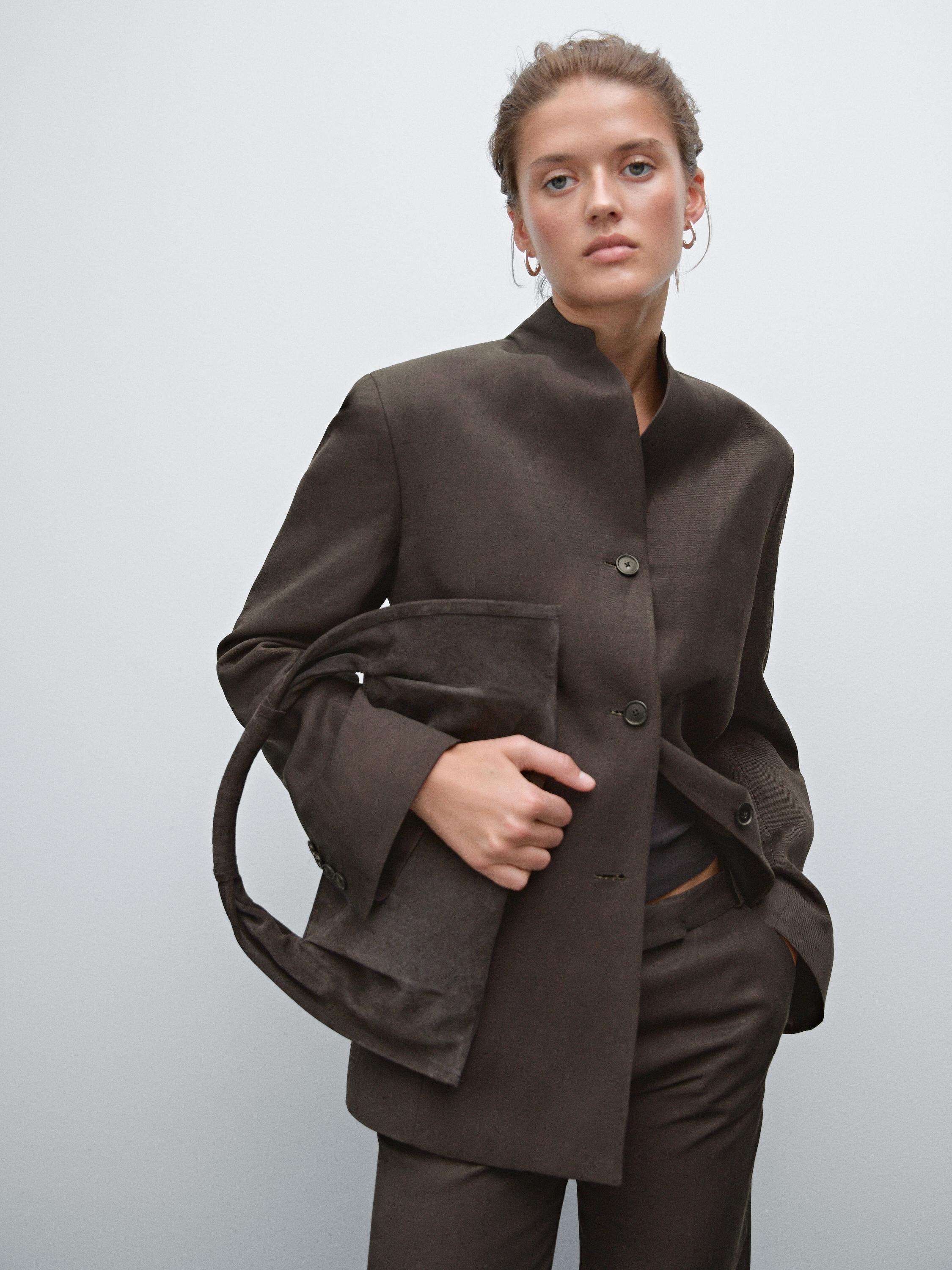 Linen blend high neck blazer