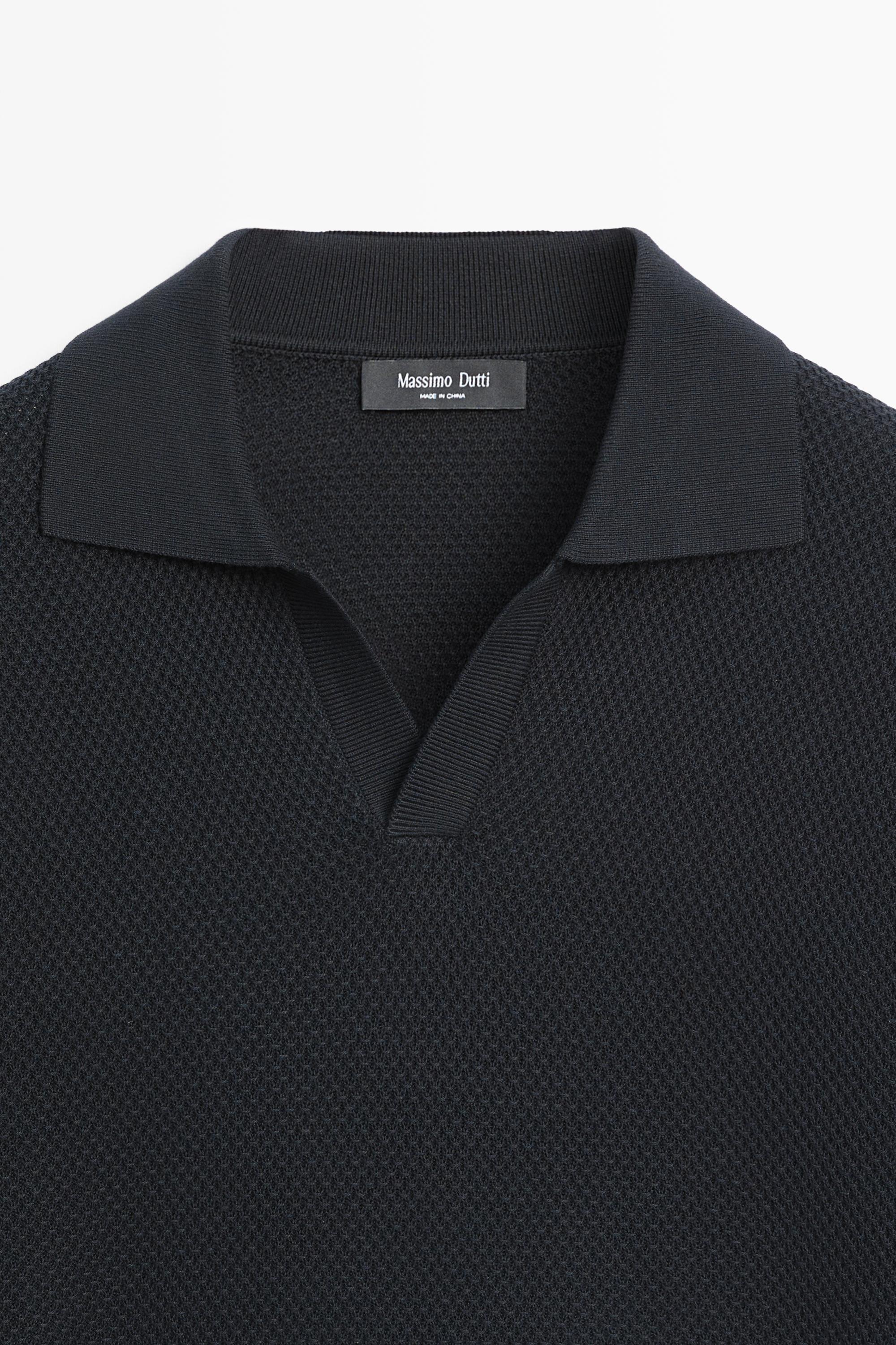 Cotton blend knit V-neck polo shirt — NAVY BLUE