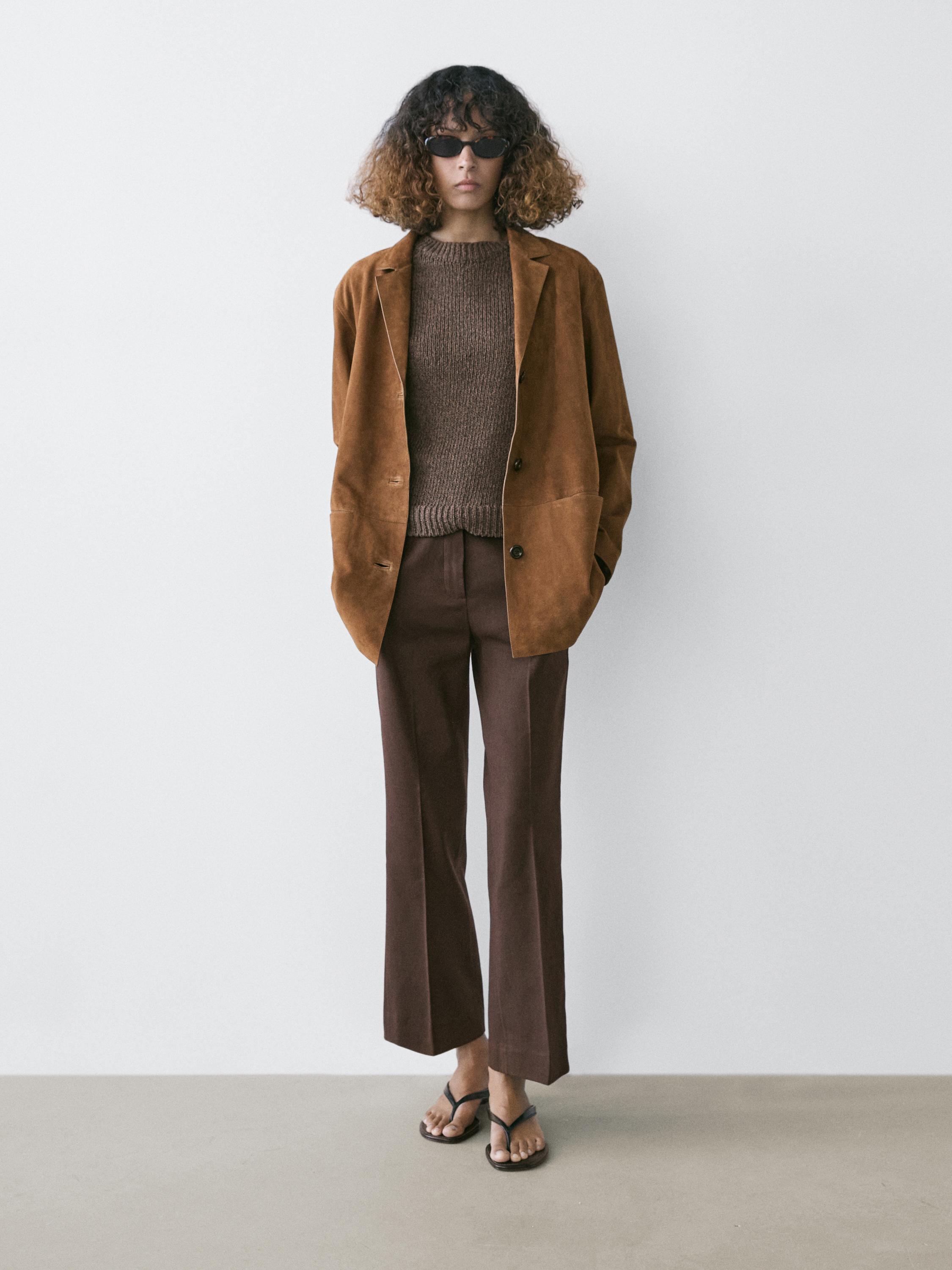 100% suede leather blazer with lapel collar — BROWN