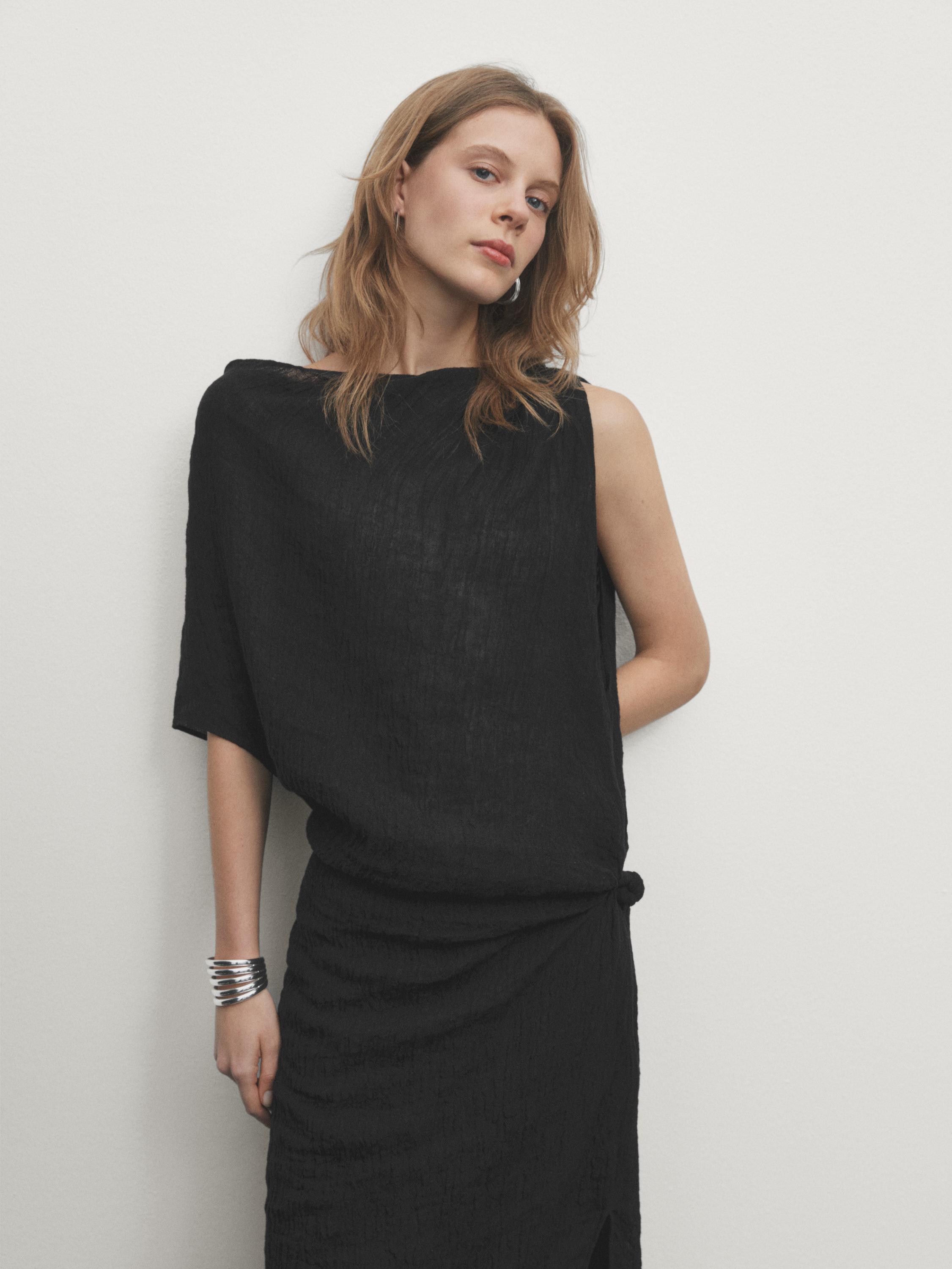 Linen midi dress with asymmetric neckline