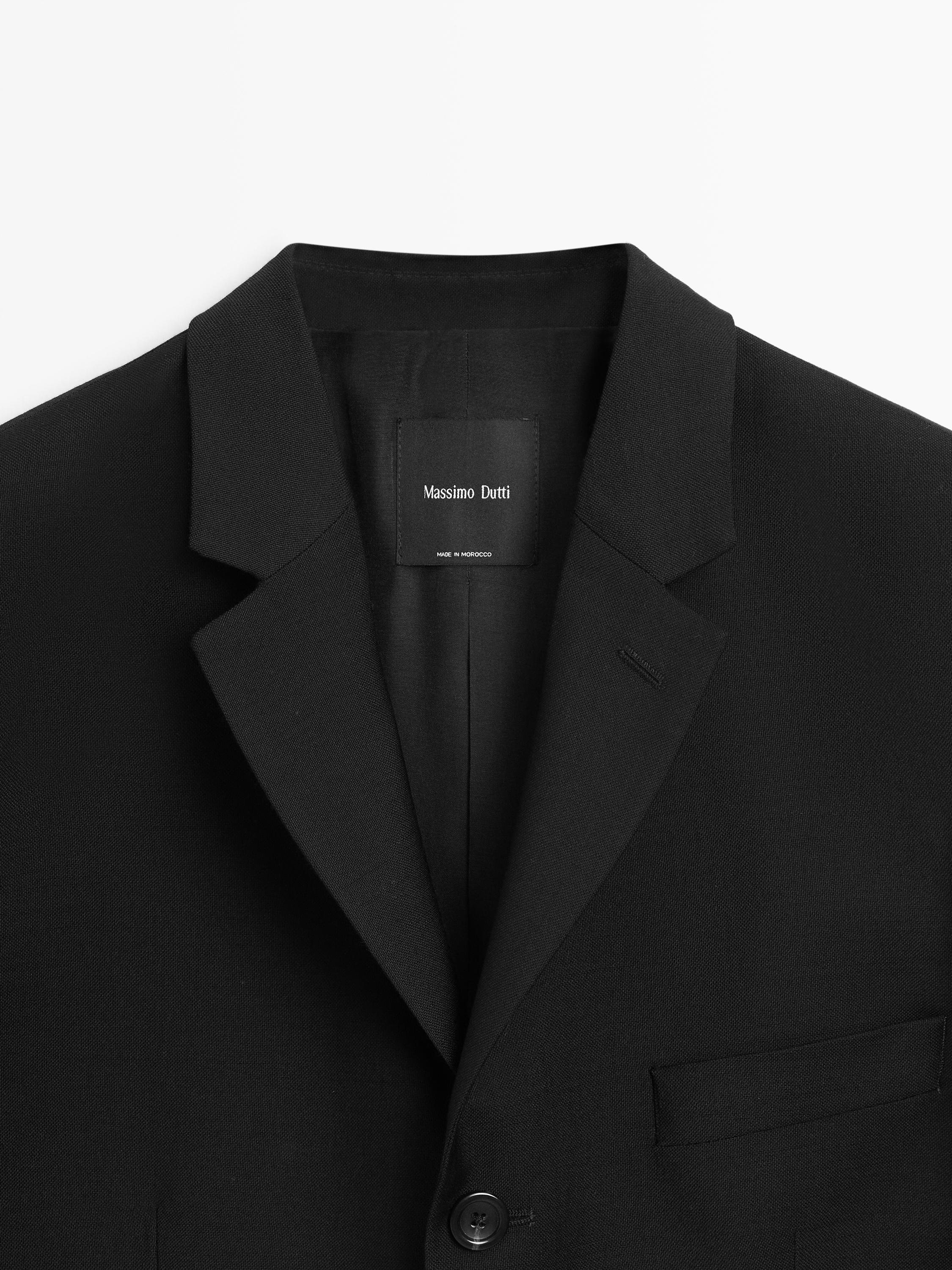 100% wool three-button blazer — BLACK