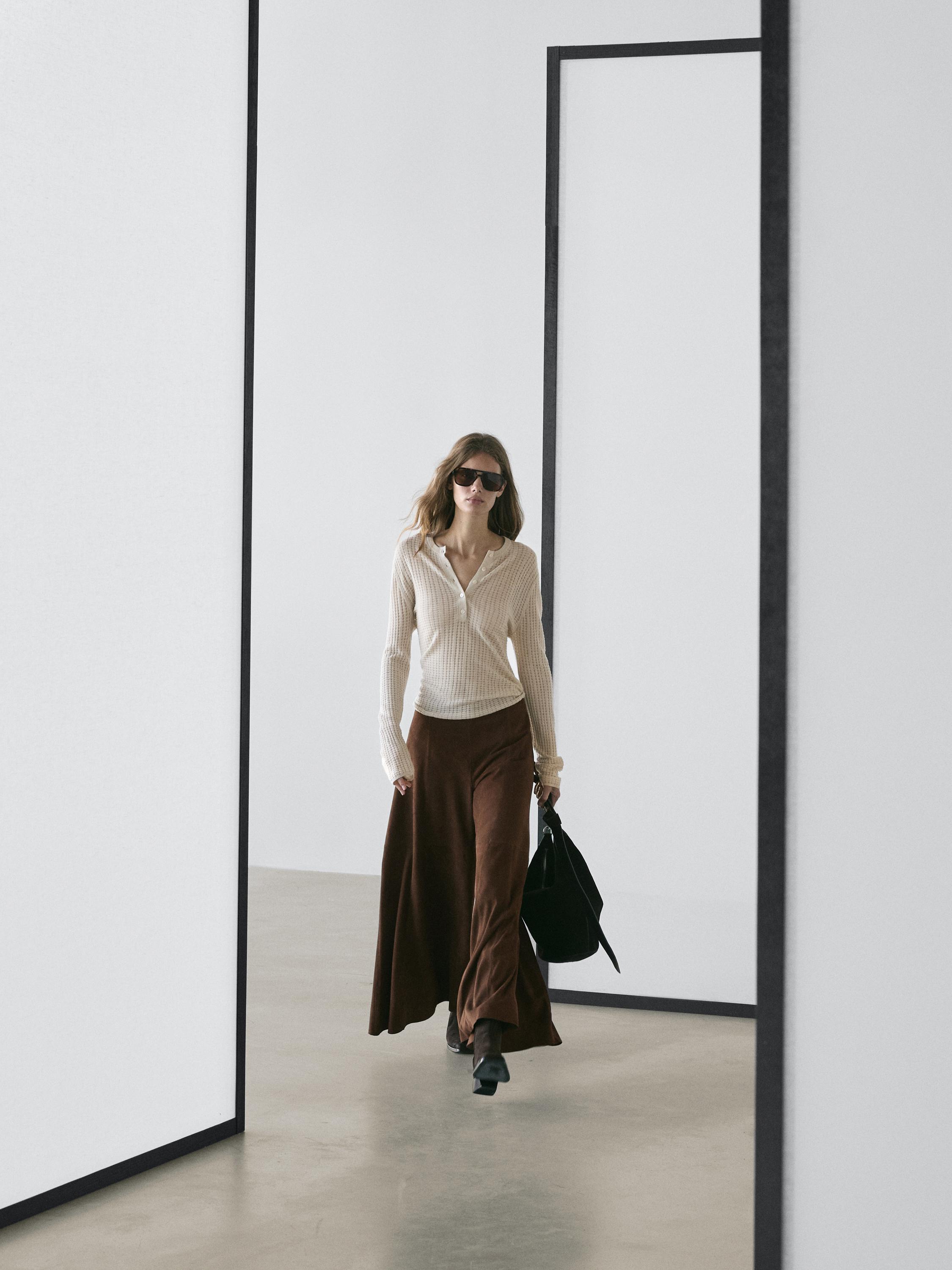 Suede leather flared trousers — BROWN