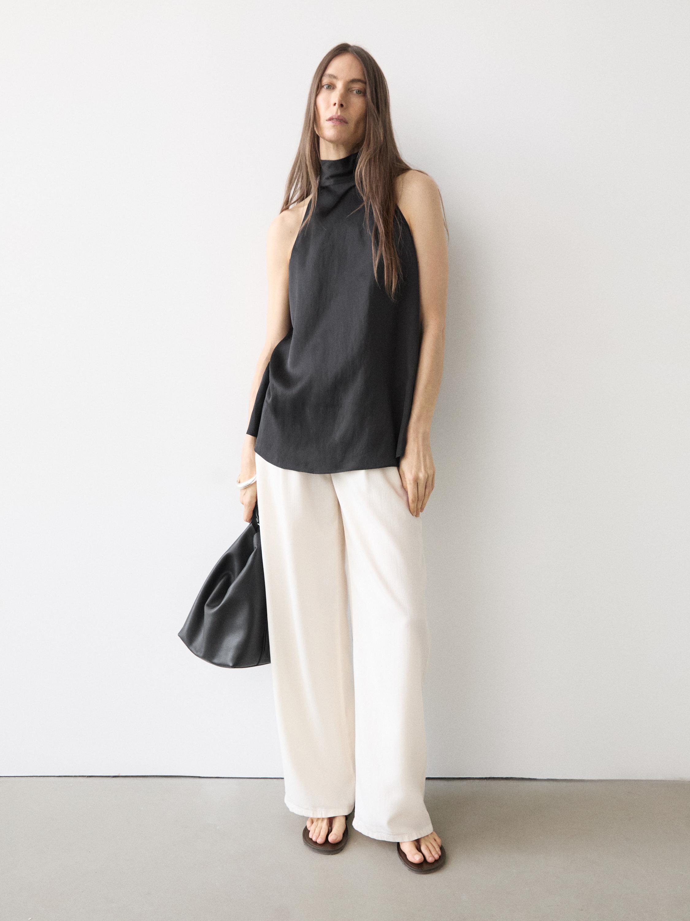 Satin halter top with tie detail — BLACK