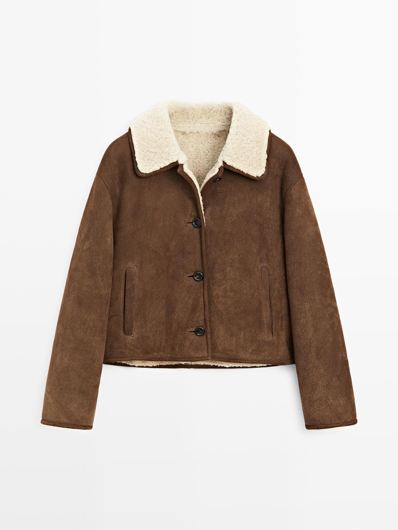 Massimo Dutti - Dame - Kort Læderjakke Med Lammeskind - Camel - S