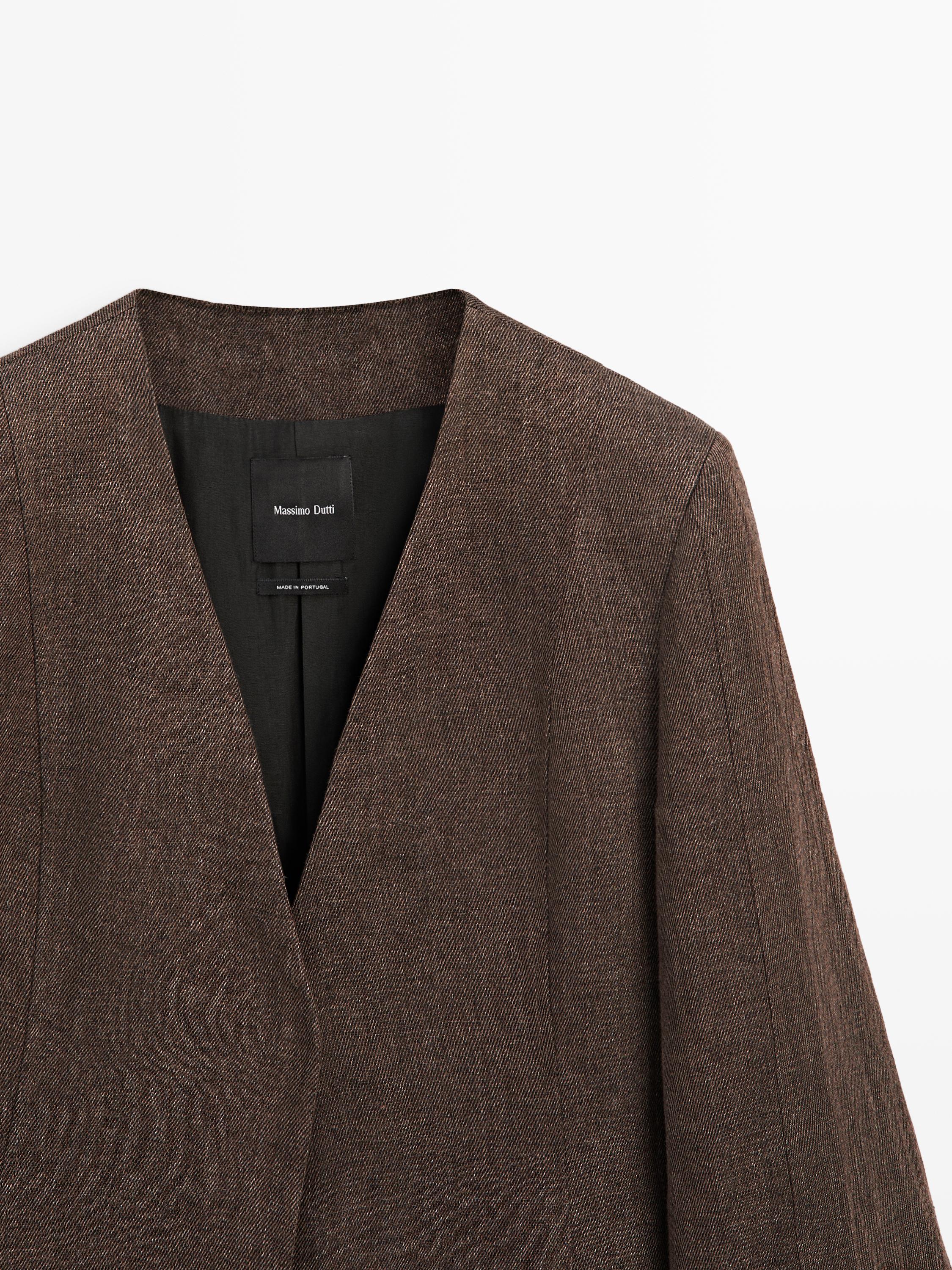 100% linen lapelless blazer — BROWN