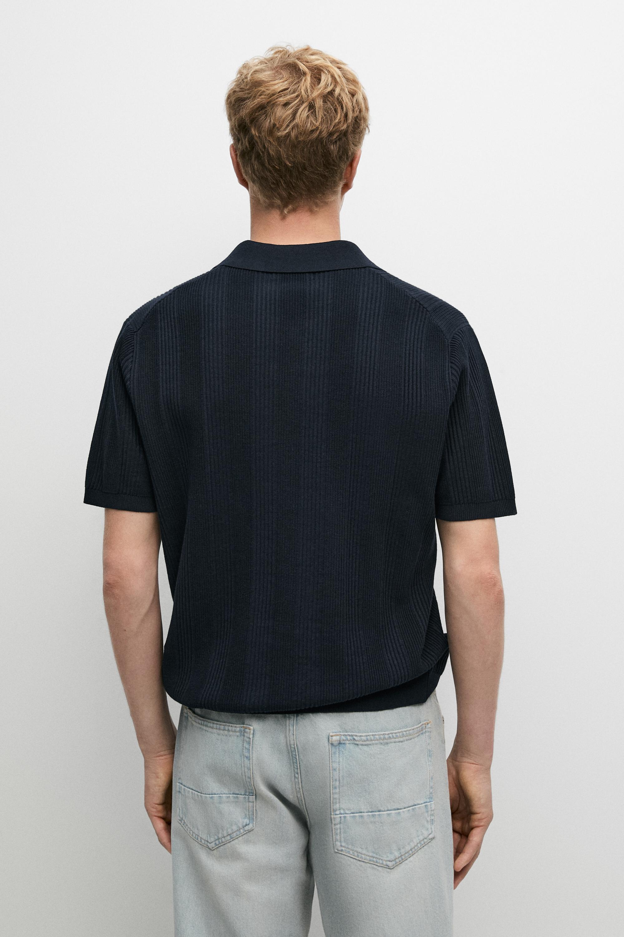 100% cotton textured striped knit polo shirt — NAVY BLUE