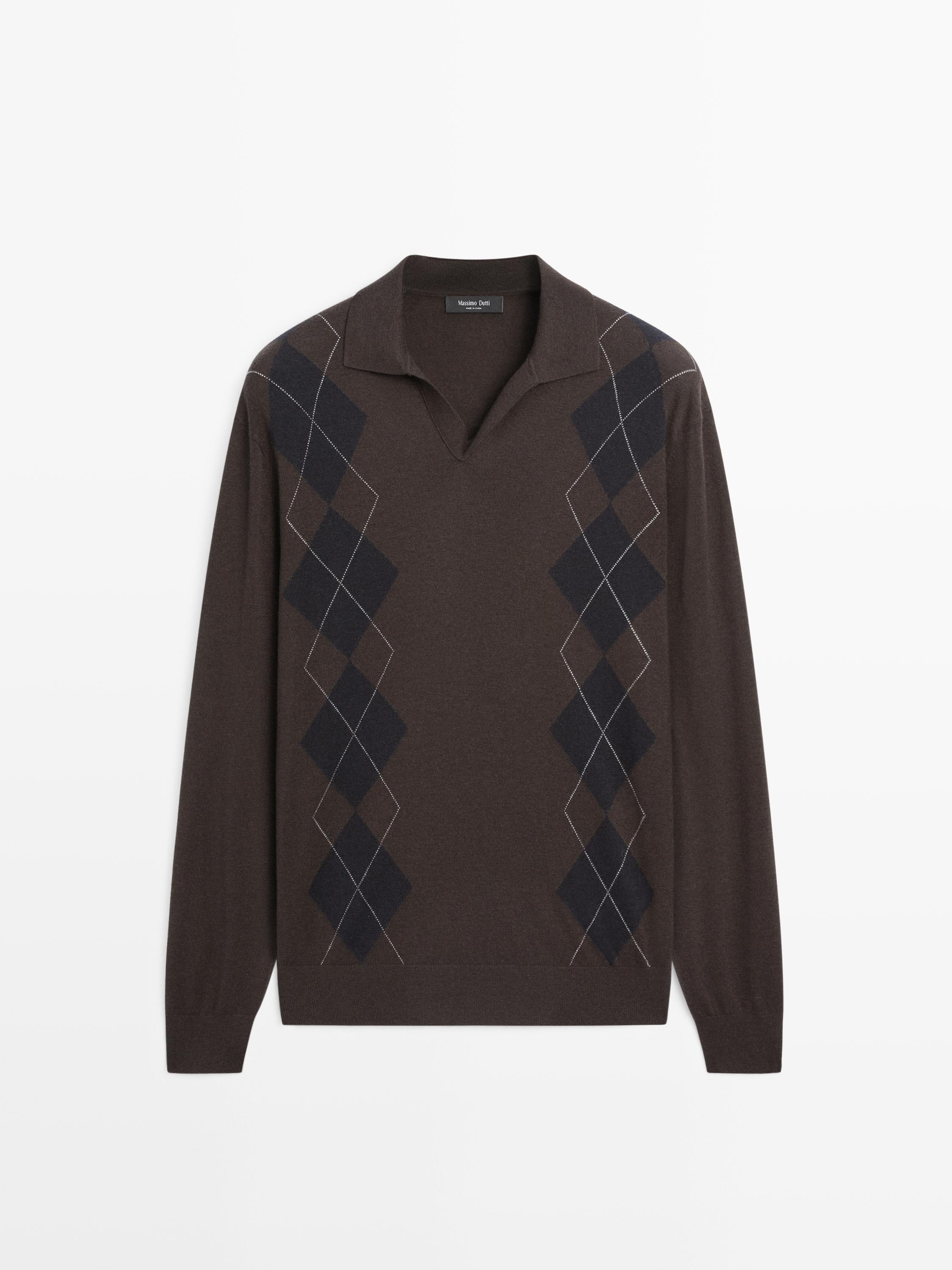 Wool blend argyle knit polo sweater — BROWN