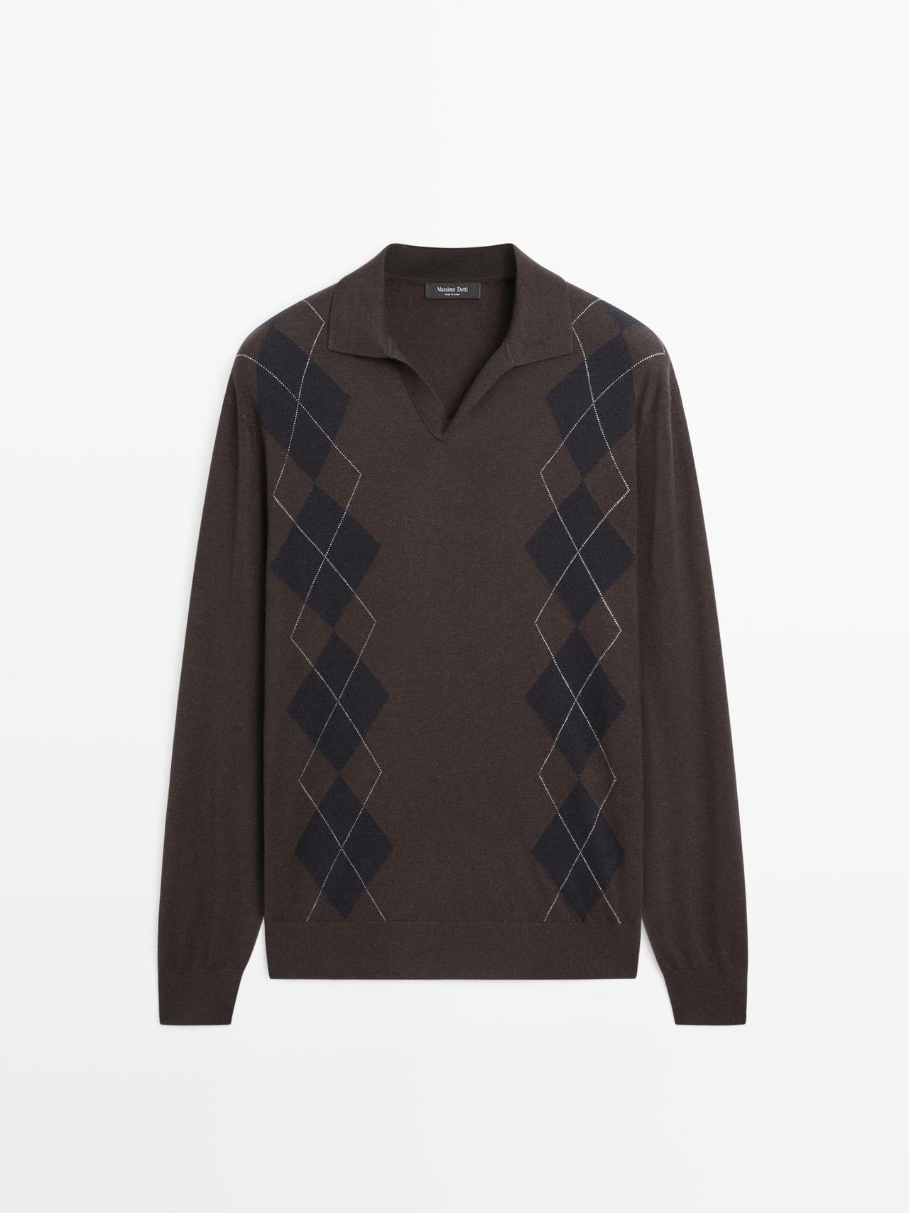 Massimo Dutti - Herre - Polotrøje I Uldblanding Med Rombemønster - Brun - Xl