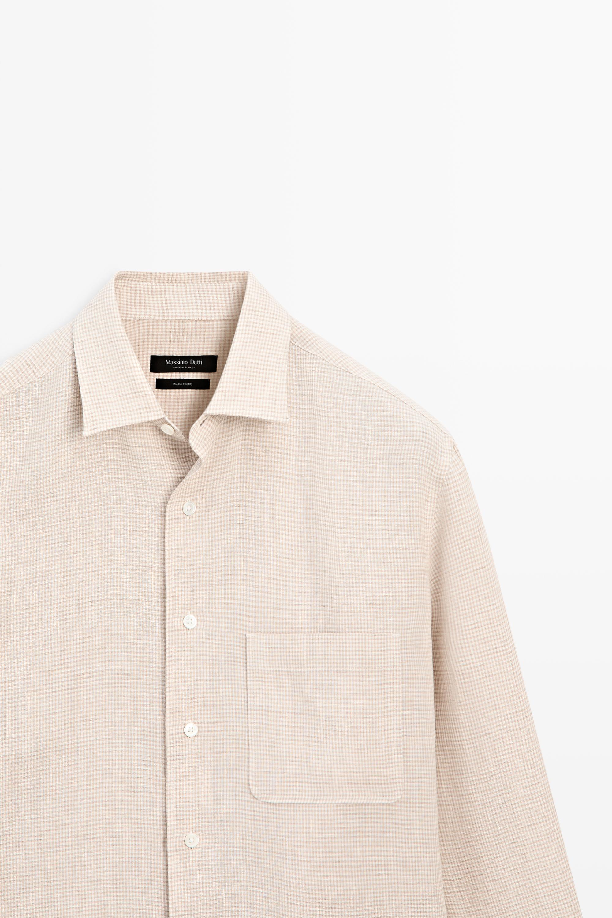 100% linen regular fit micro check shirt — CREAM