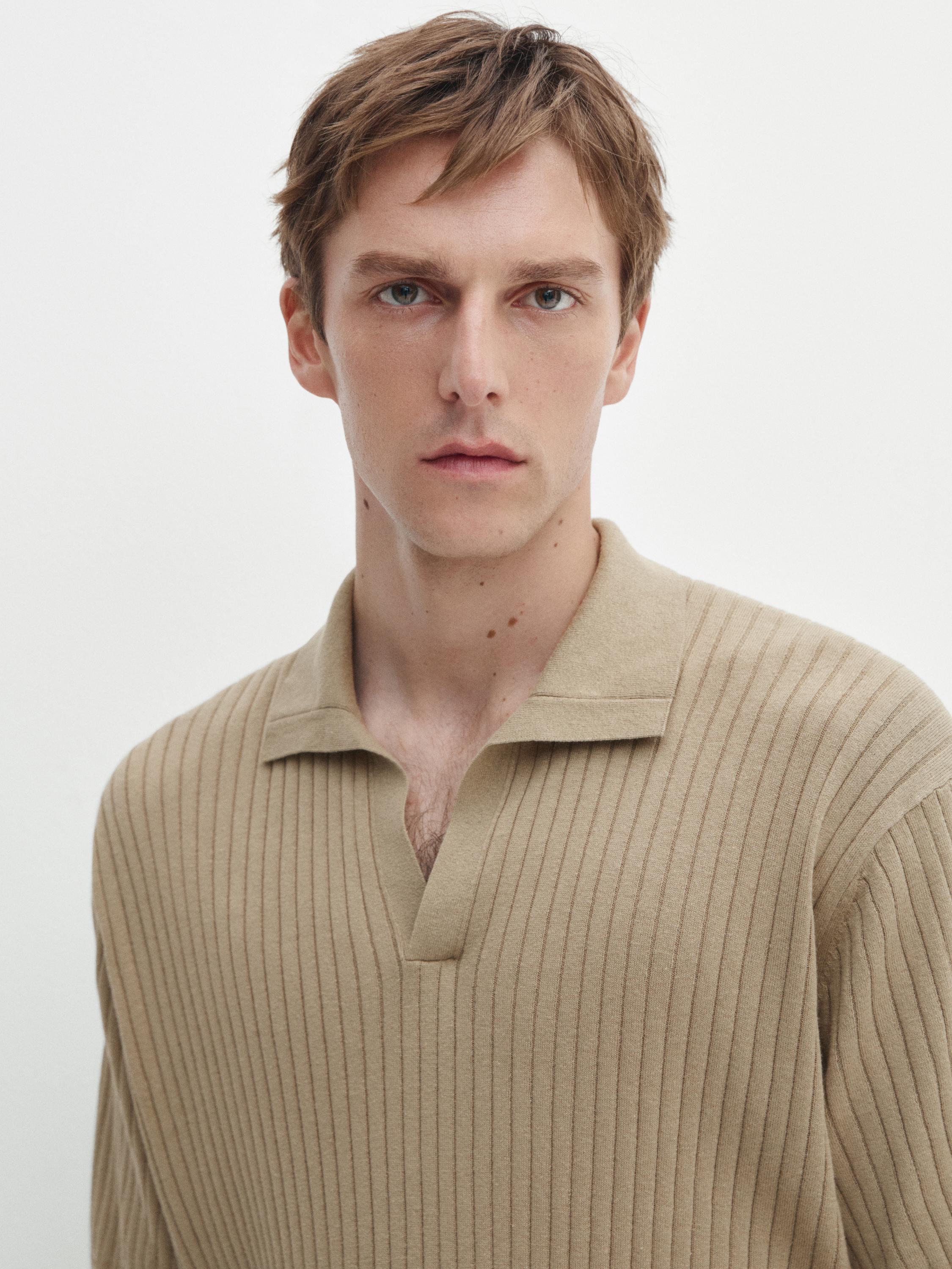 Ribbed knit cotton and linen blend polo shirt