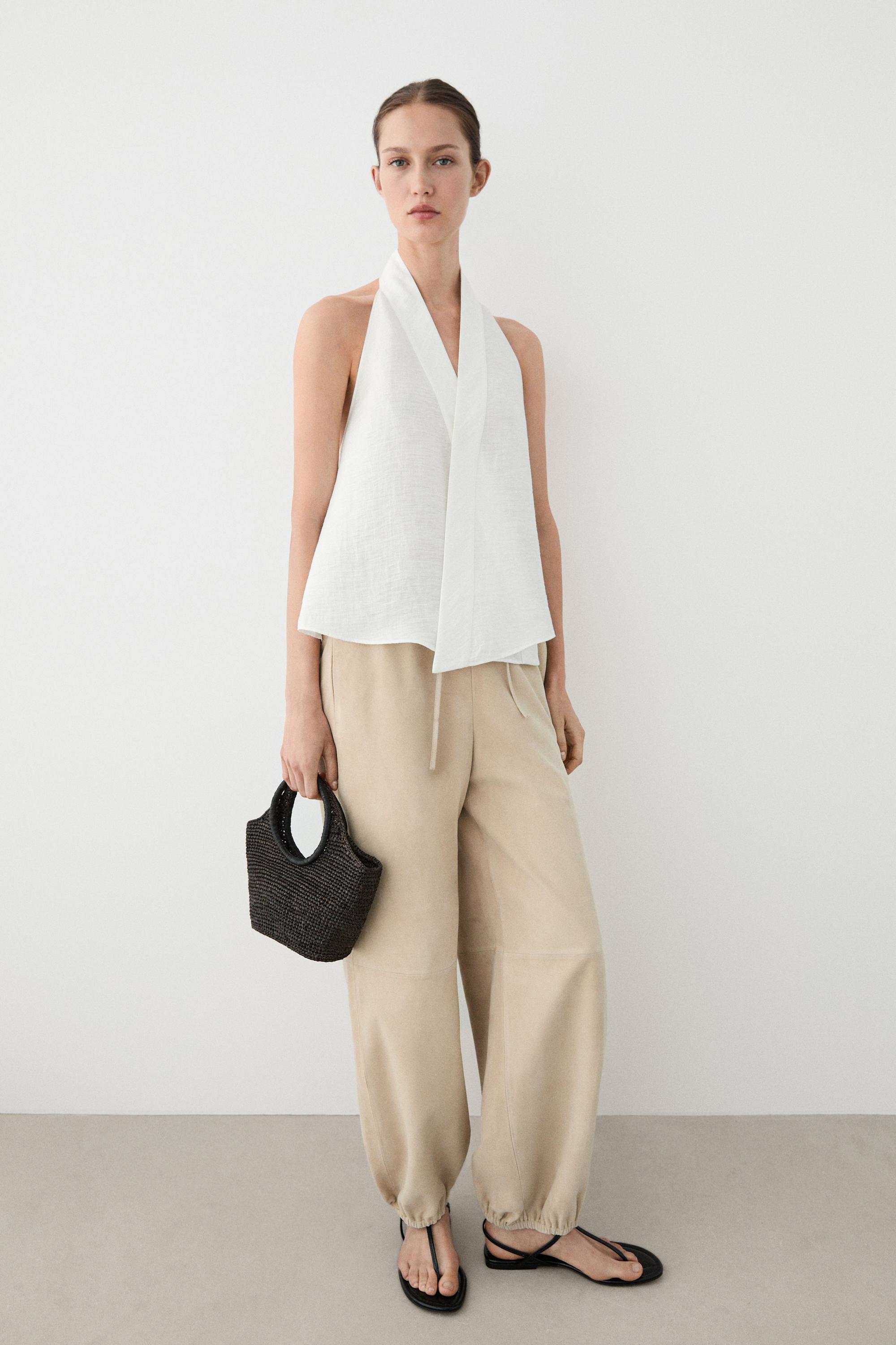 Suede leather sarouel trousers — Vanilla