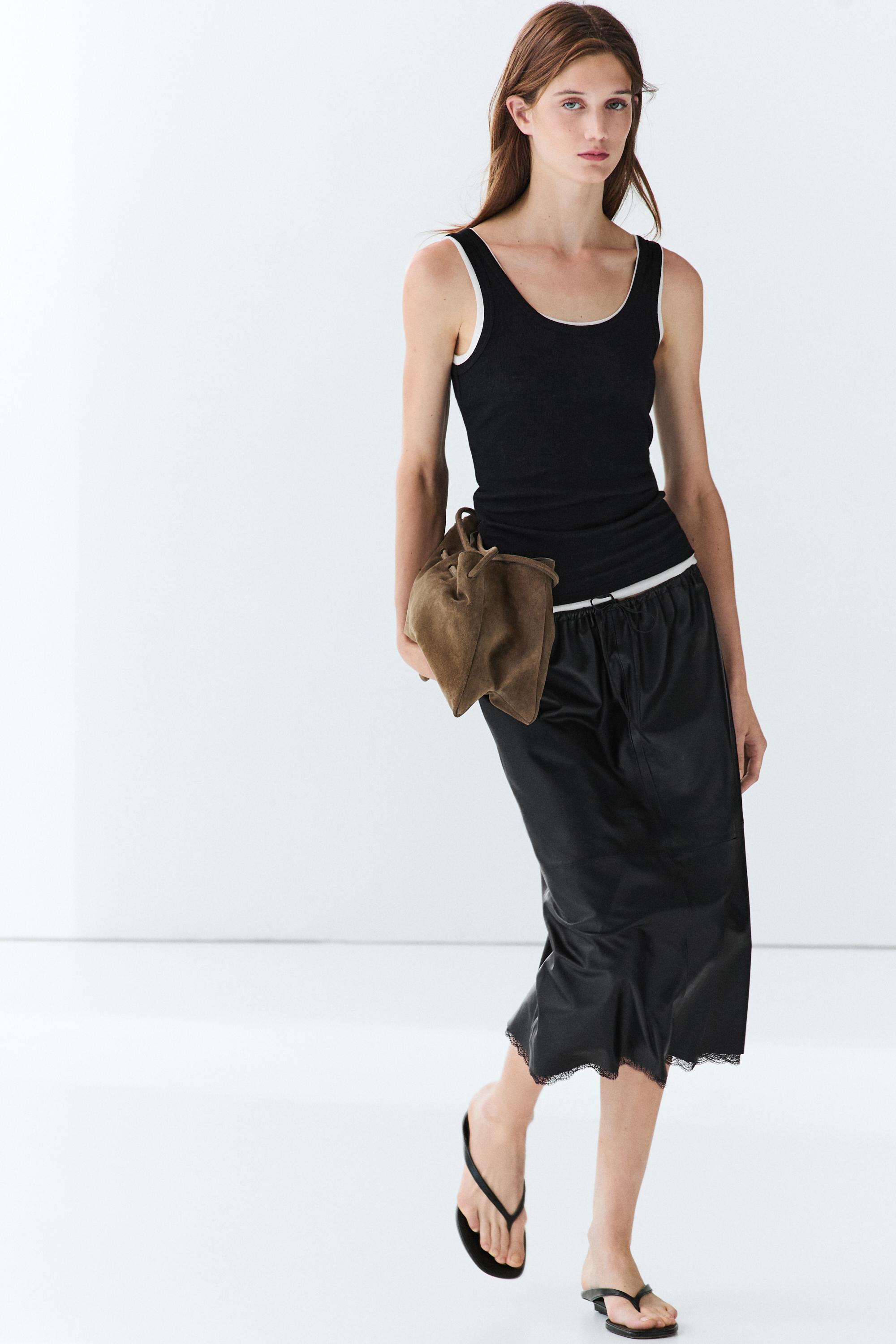 Cotton blend ribbed double-layer top — BLACK