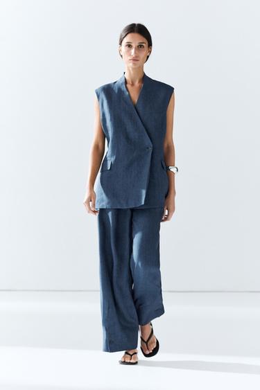 Total look linen pants with buttoned hems — NAVY BLUE 1