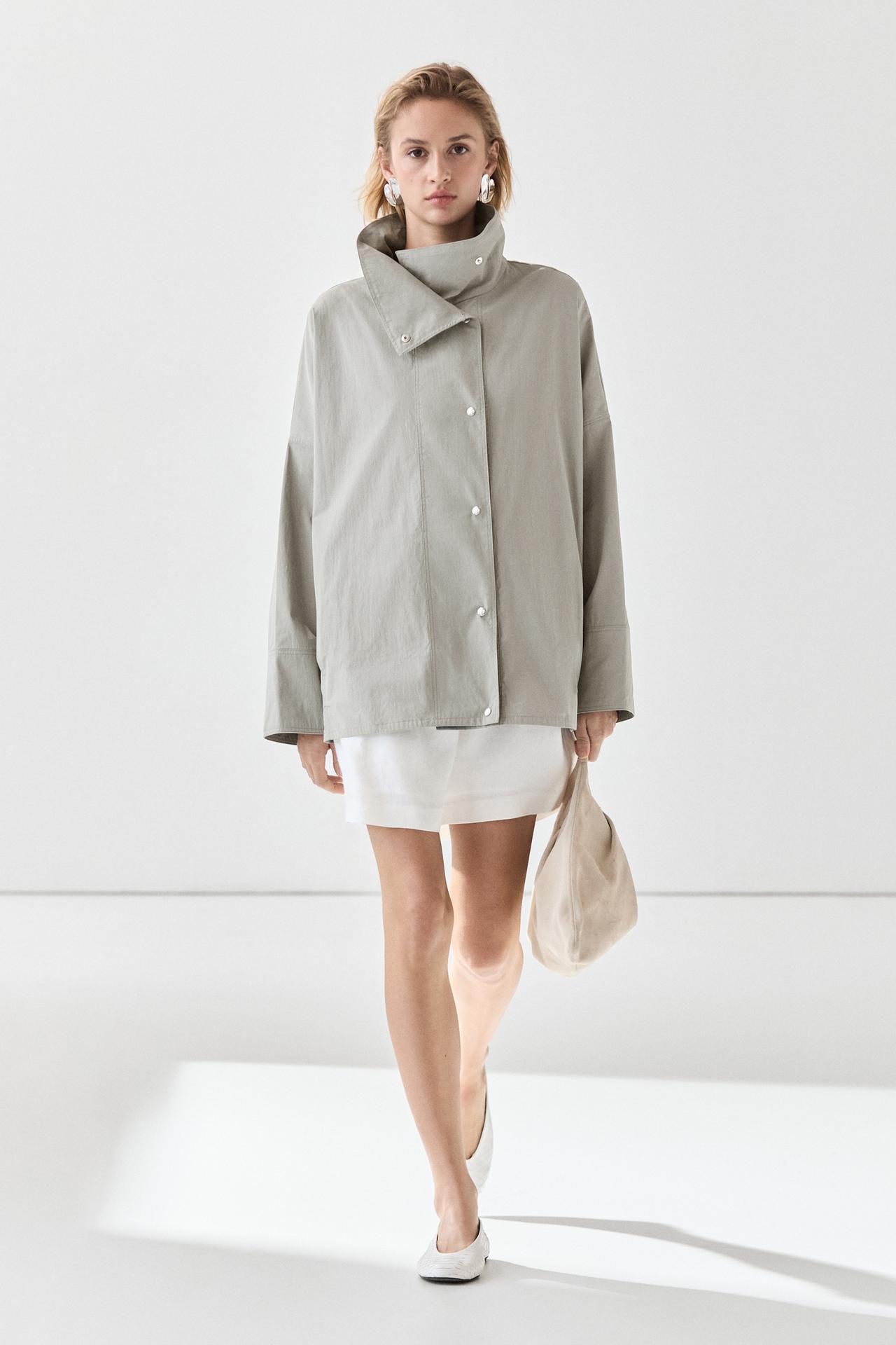 Cotton blend high neck jacket — BLUISH GREY