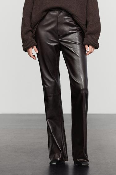 Nappa leather flare fit pants with seams — BROWN 3