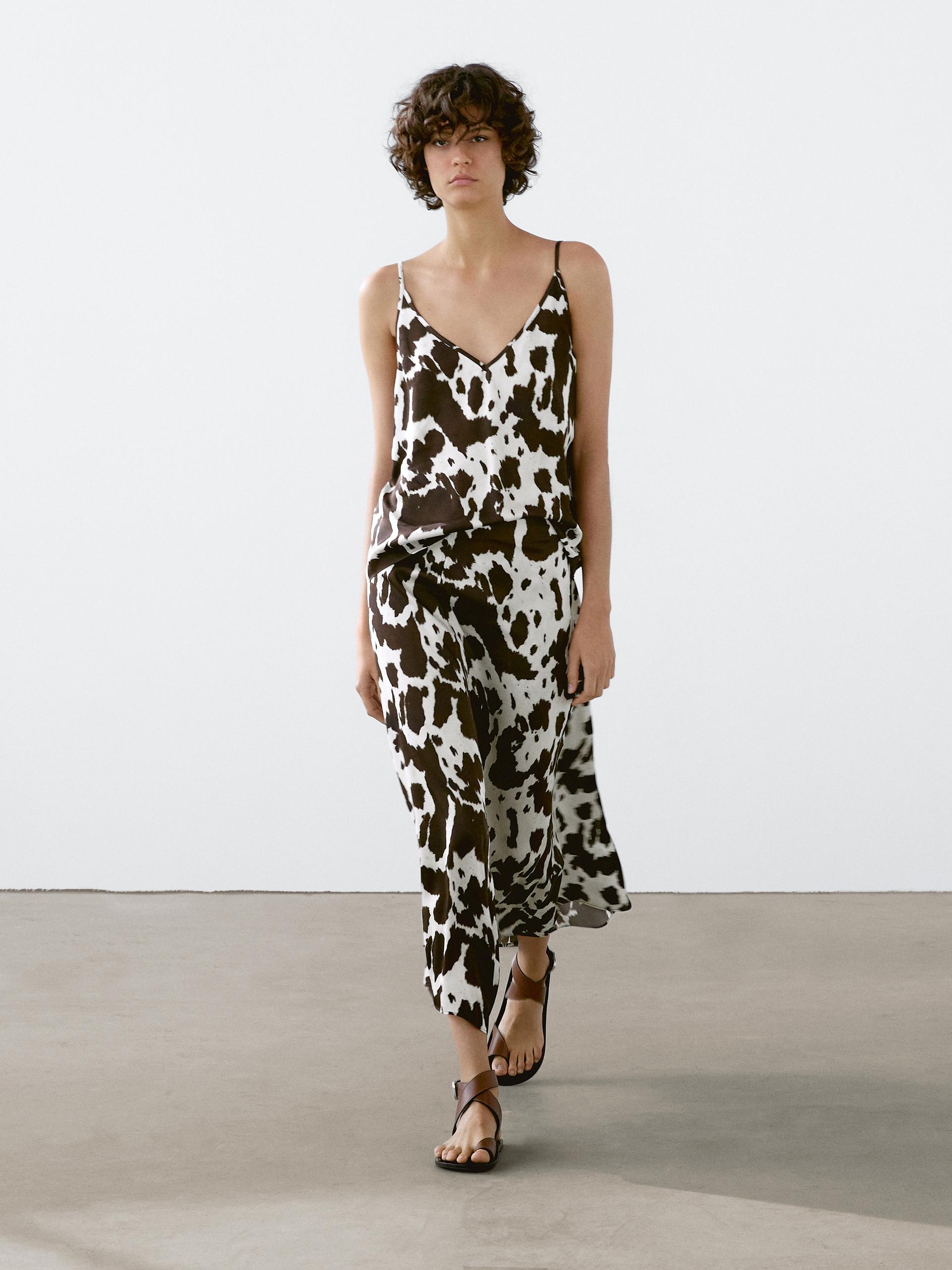 Jupe Midi Ample À Imprimé Animal - Chocolat - 42 - Massimo Dutti - Femme