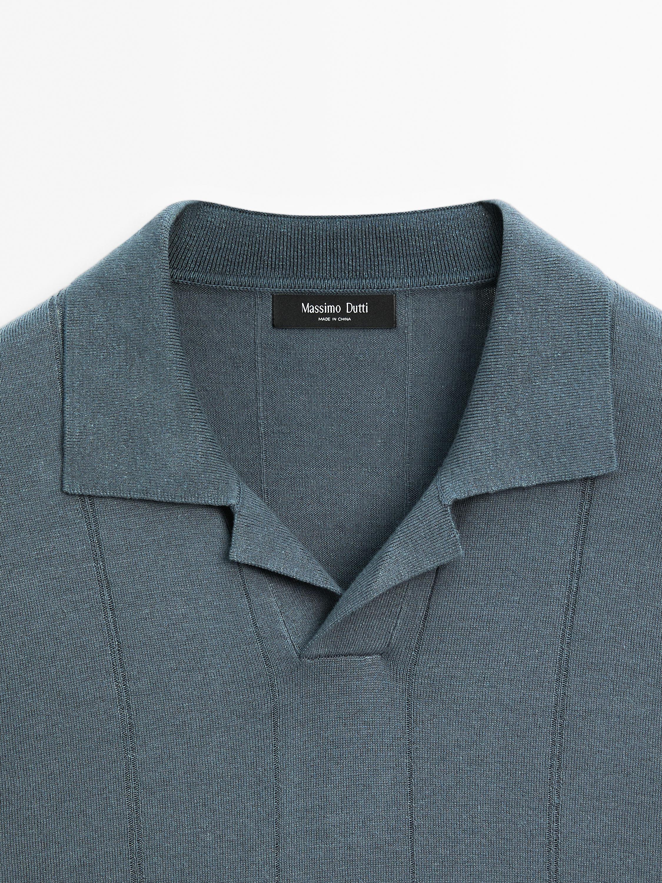 Striped linen blend knit polo shirt