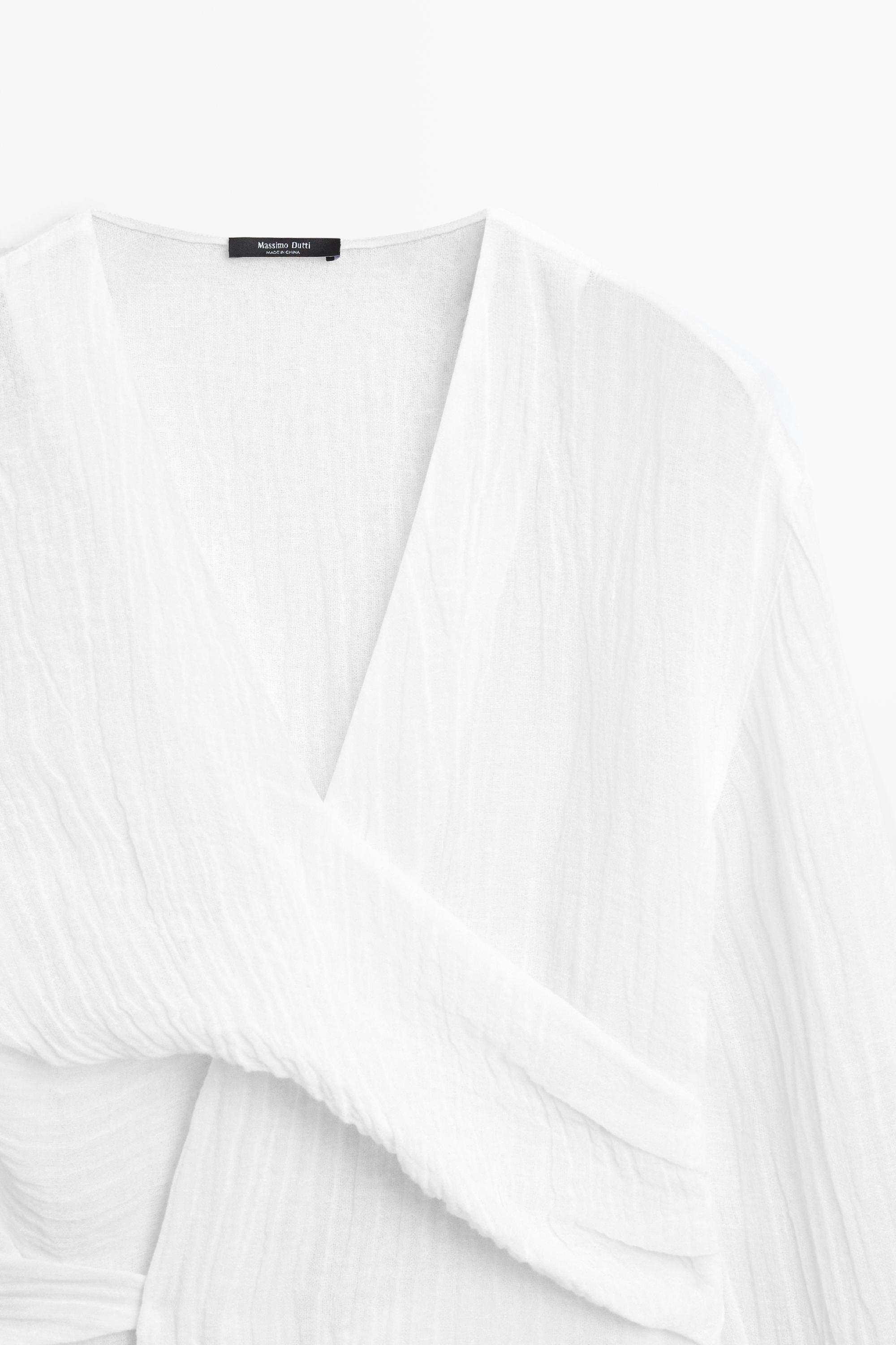 Linen blend blouse with sash belt — WHITE