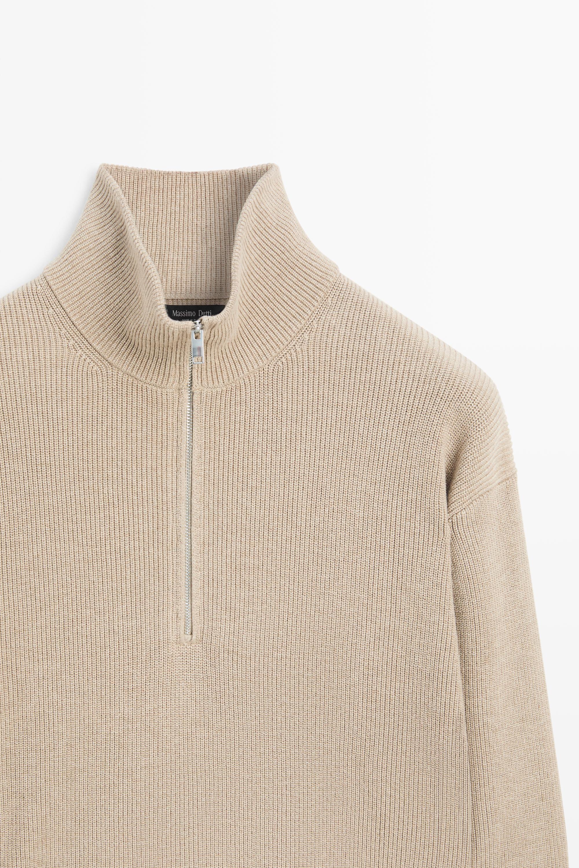 100% cotton mock neck knit sweater — BEIGE