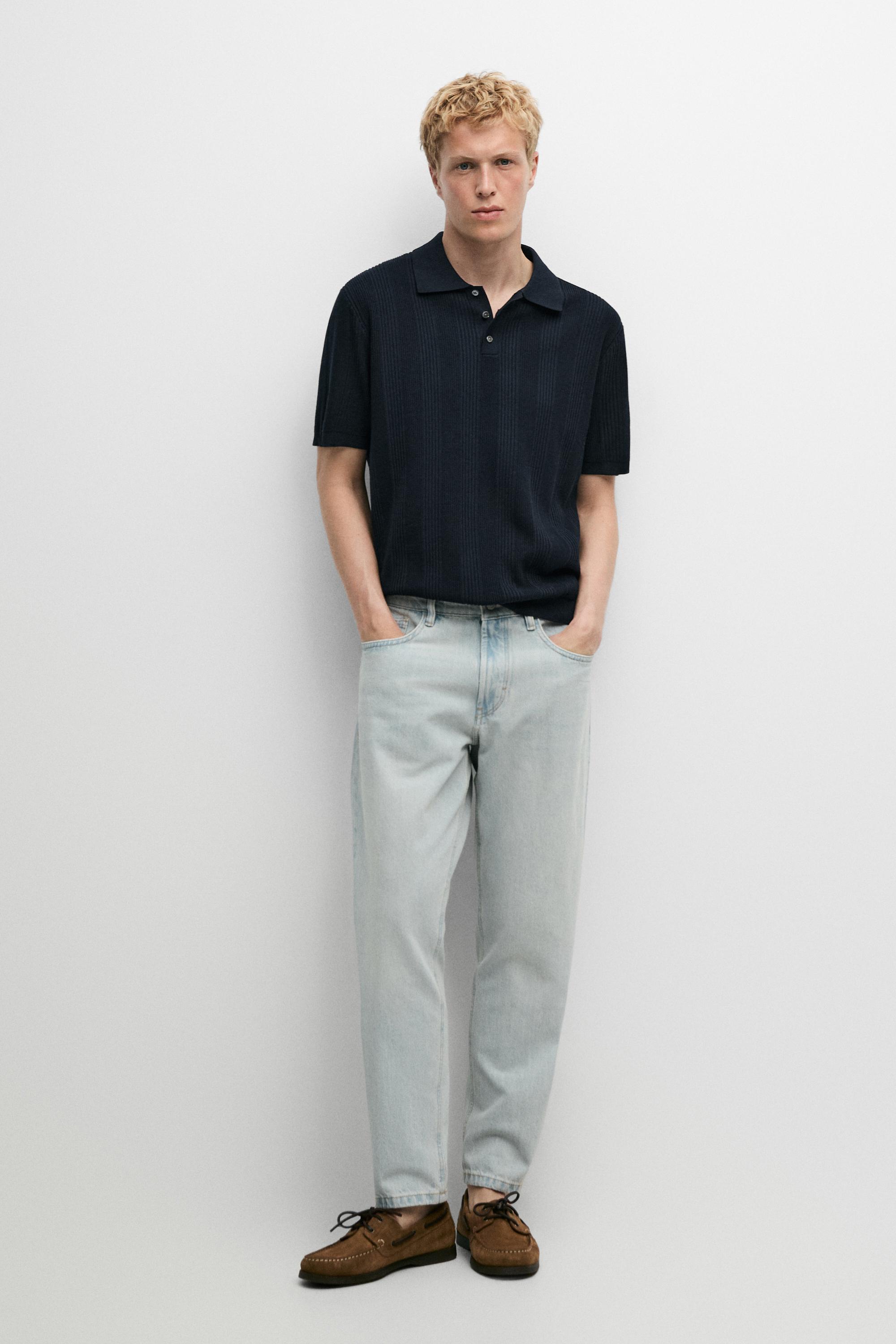 100% cotton textured striped knit polo shirt — NAVY BLUE