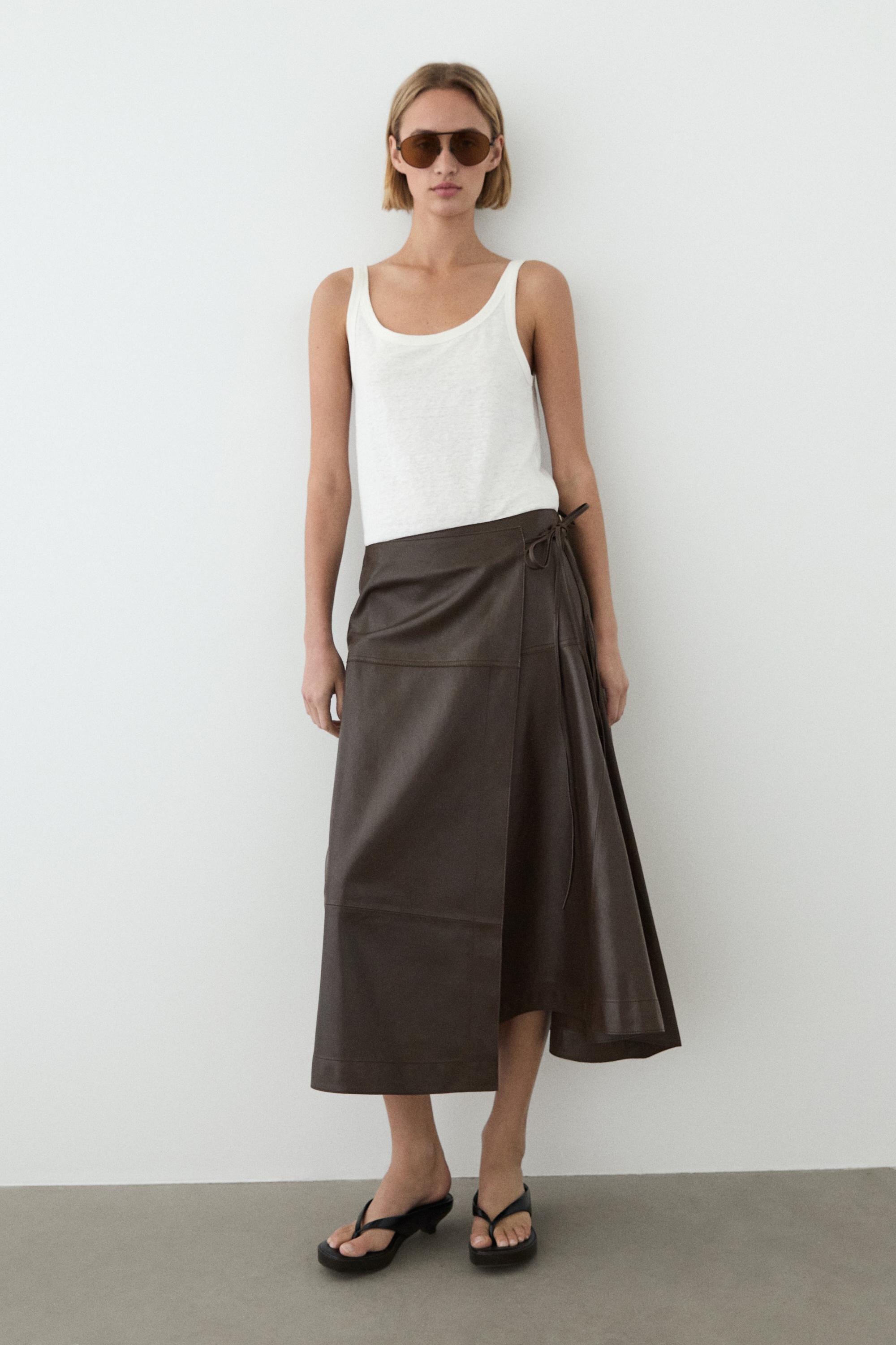 Nappa leather midi skirt with tie detail — BROWN