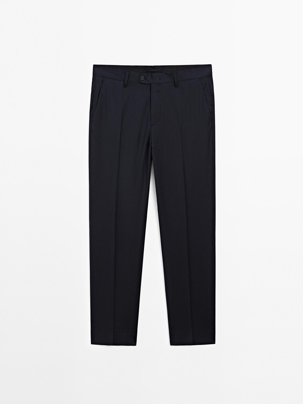 Massimo Dutti - Herre - Smalstribede Habitbukser I Uld - Marineblå - 38