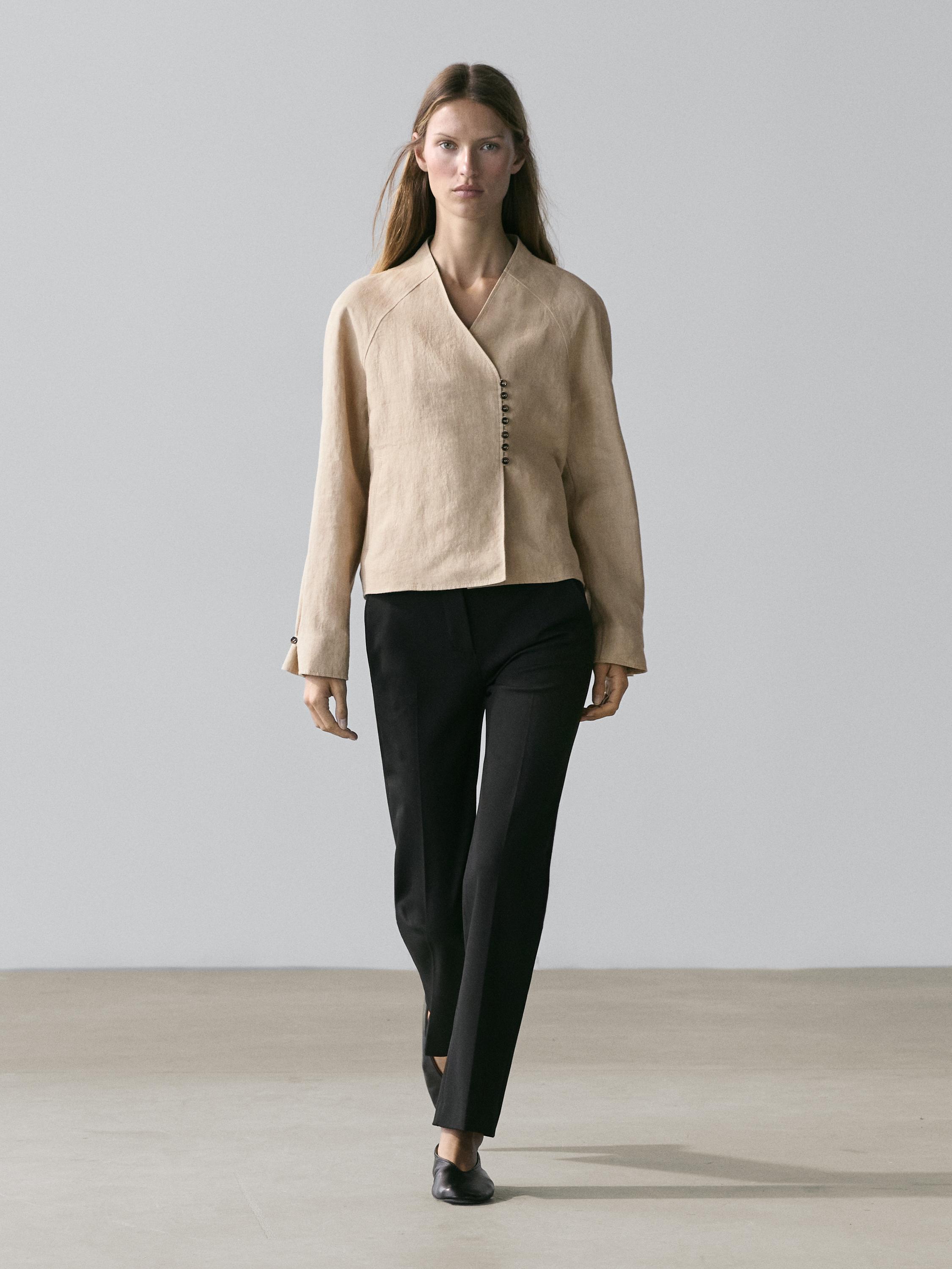 Cropped 100% linen jacket — BEIGE