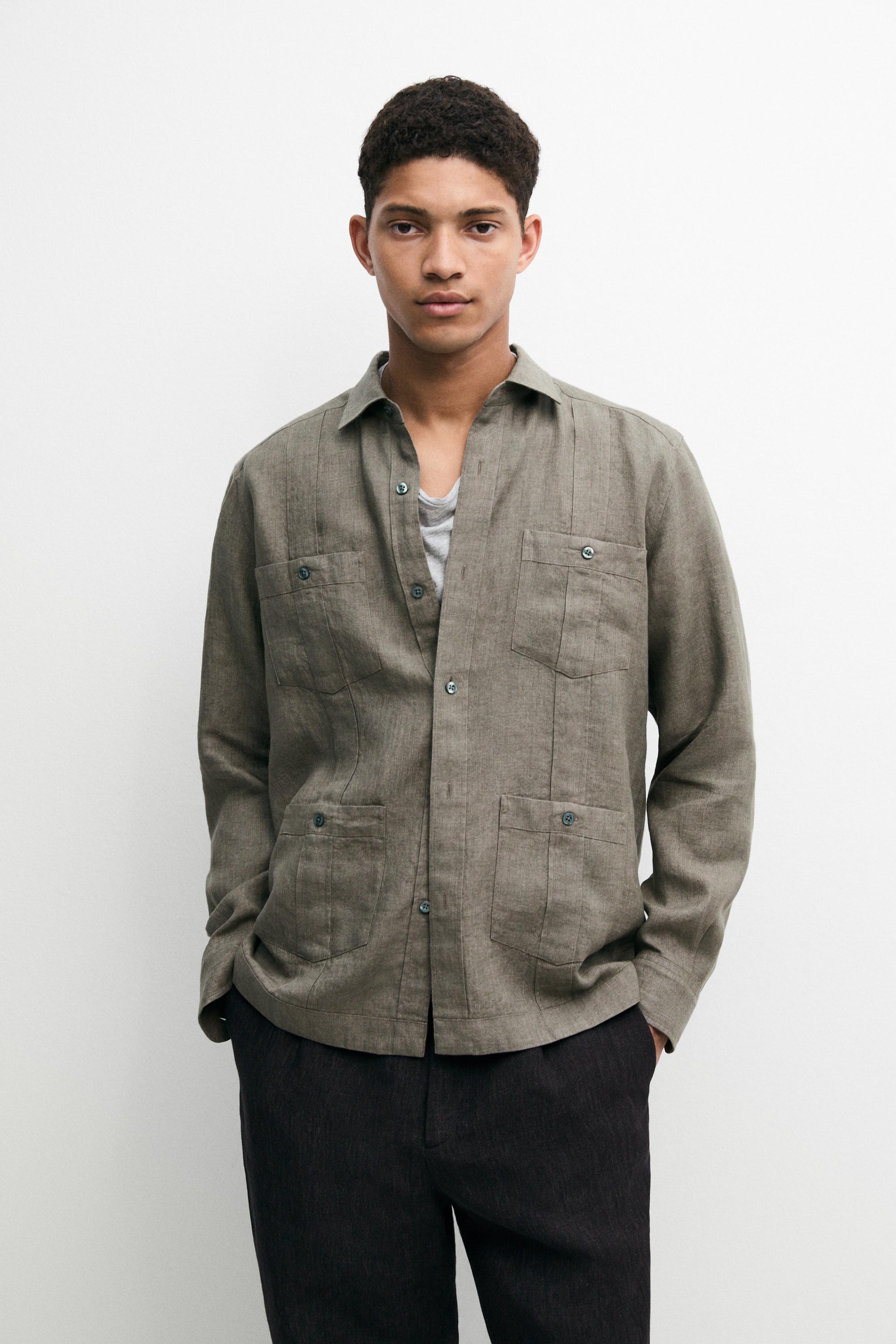 Regular fit 100% linen shirt with pockets — GREEN