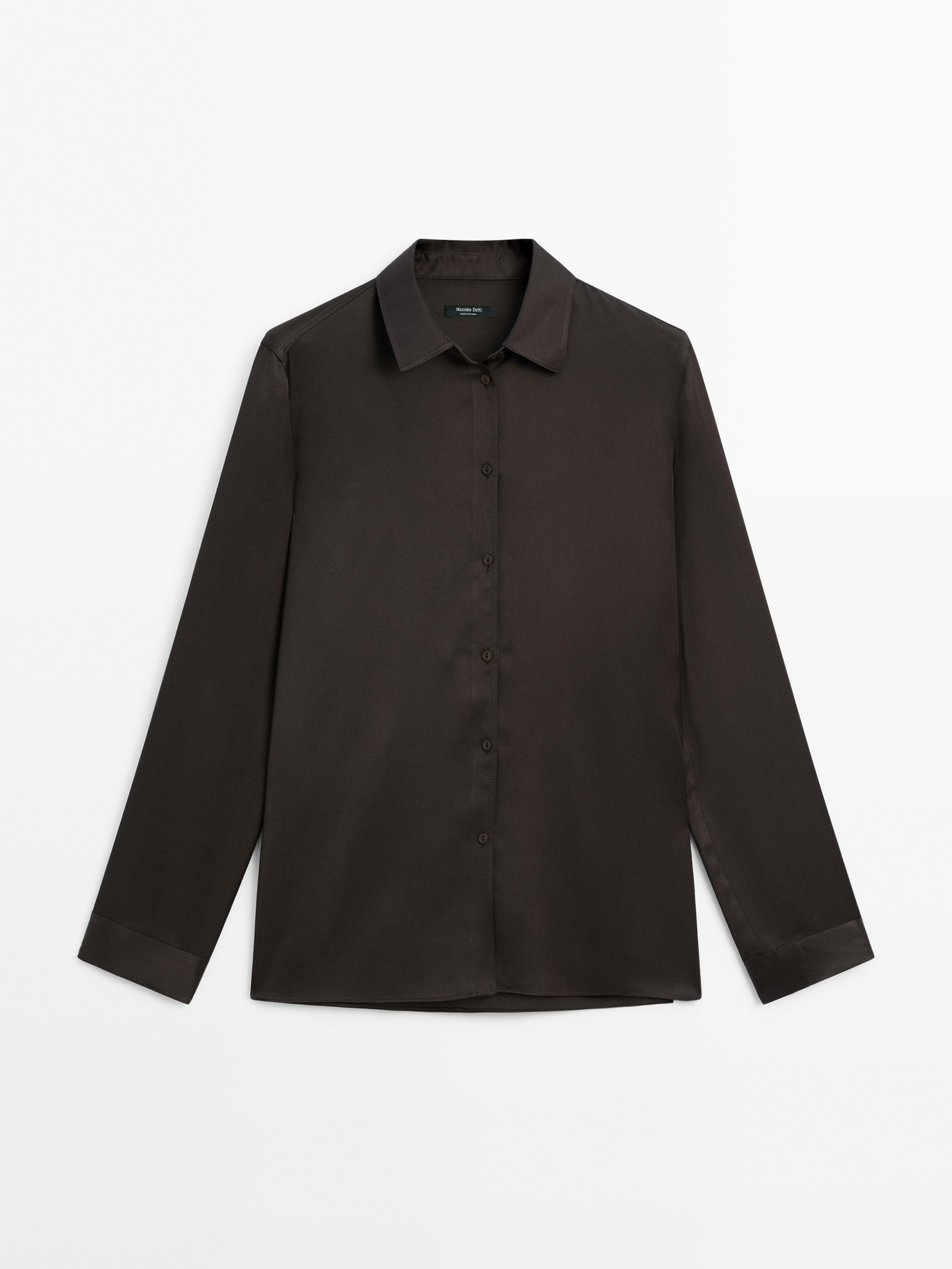 Chemisier fendu et satin manches longues marron blanc bleu