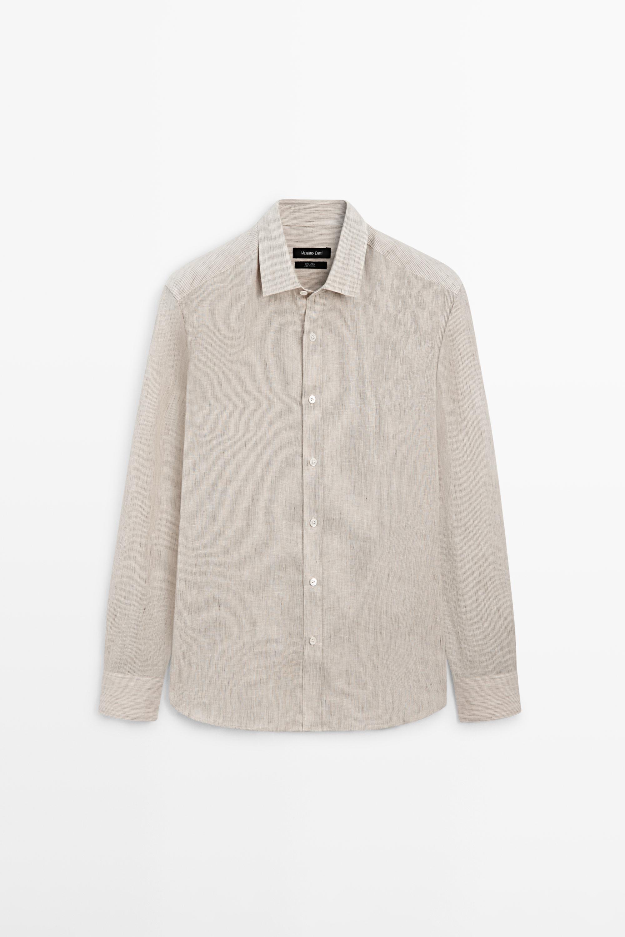 Regular fit washed striped 100% linen shirt