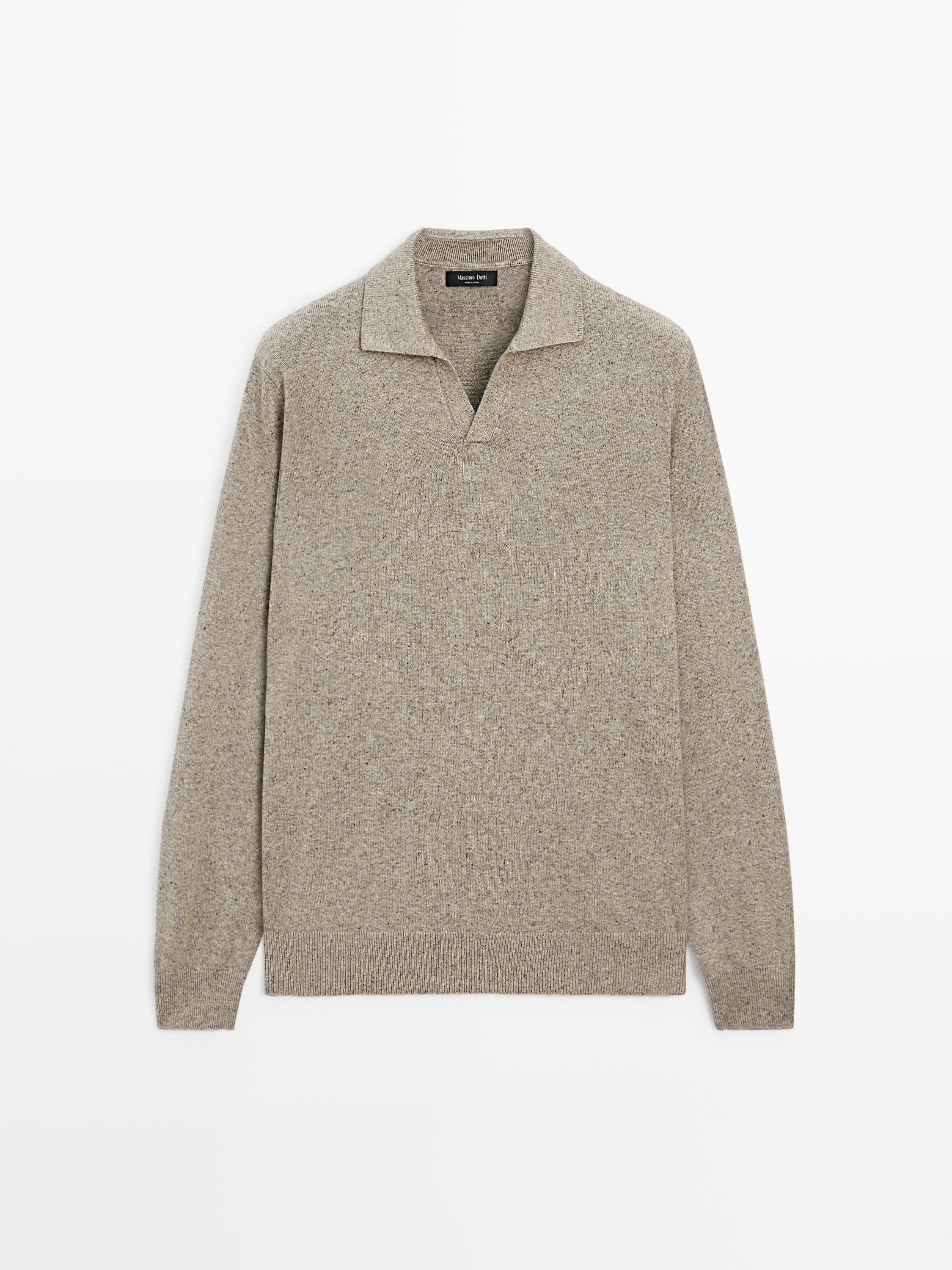 Front view of mink-colored sweater with polo collar and long sleeves.