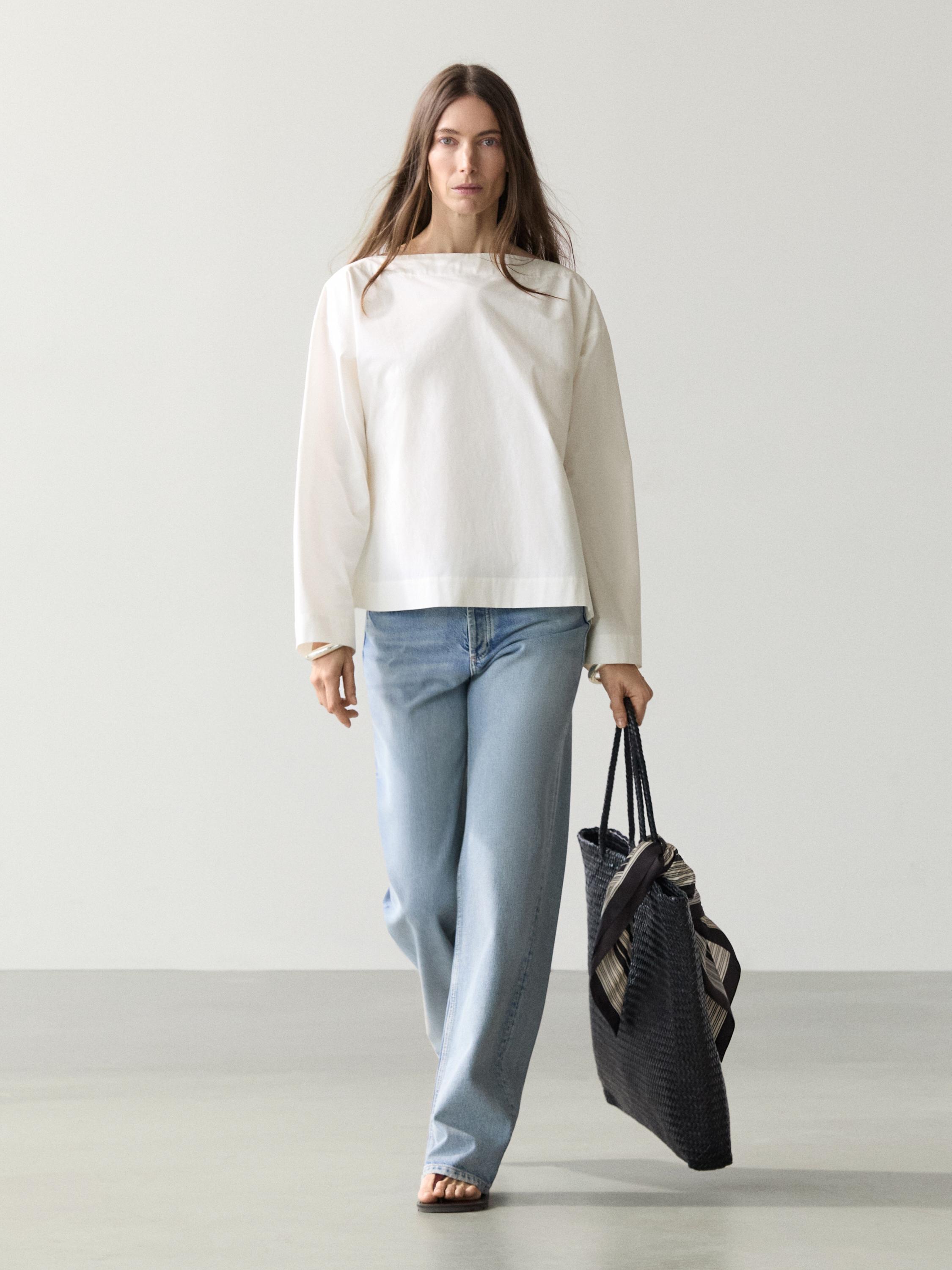Poplin boat neck blouse — WHITE