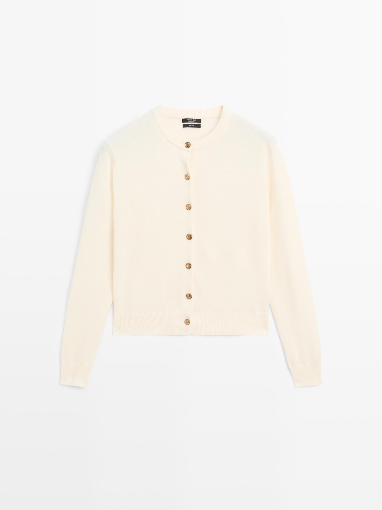 Massimo Dutti - Dame - Cardigan I 100 % Uld Med Gyldne Knapper - Råhvid - L